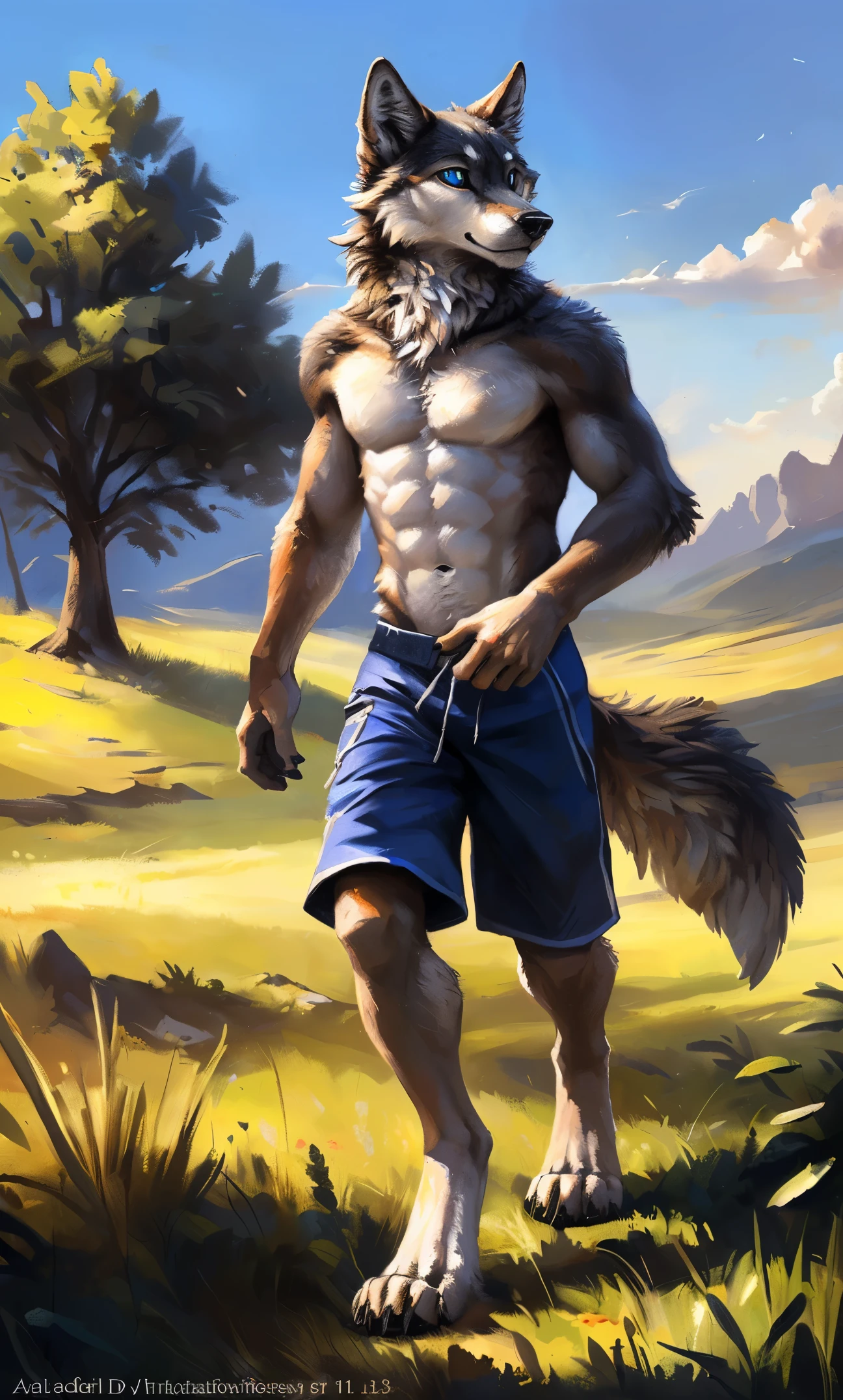 ((Solo)), male people, anthro wolf, (Multi-colored fur, White-brown:1.3,White tail pointed), (Height 2.1m,Tail length 1.2m), ((Wolf face, Big eyes, White eyelids, Blue pupil, Slim:1.2) (Tough, Calm expression:1.2)), Abs, Slim, pinging)), (Correct anatomy), (Work shorts:1.1), The upper body naked, (detailed outfits),A long big tail,Feet,(Realistic fur, Detailed fur texture, labeled:1.3)), (Natural lighting), Photorealistic, Hyperrealistic, ultradetailed, by Kenket,Field,erect through,Running on