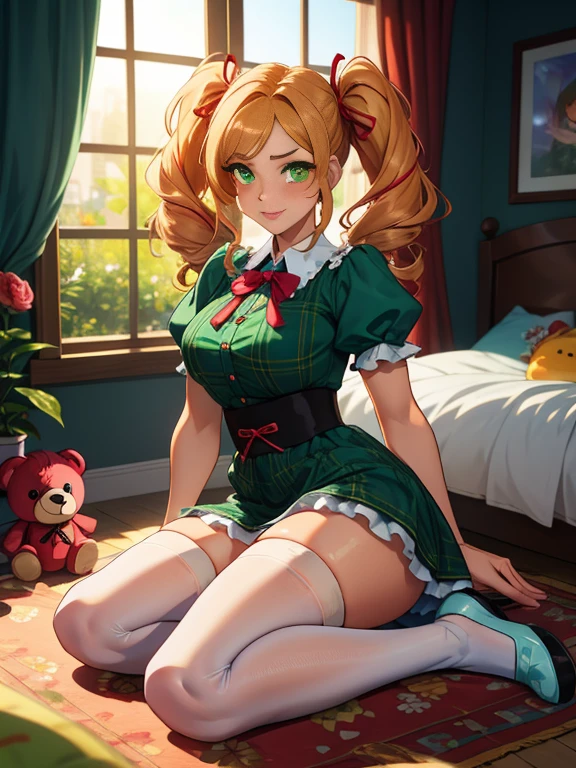 Meisterwerk,best quality,(nur:1.3),1girls,(Tareme:1.2),(full entire body:1.2),stehend,sich nach vorne lehnen,sind vorbei,(niedrig gebunden_lang_Haar:1.3),(low twintails:1.2), Kleid, ribbons,Haar ribbon,very lang Haar,Haar ornament,Haar flower, smil, Blick auf den Betrachter, rotorange Haare, Sommersprossen, green eyes,symbol-shaped pupils, short sleeves, puffy sleeves, Pony, flush, blunt Pony, puffy short sleeves, Schmuck, ribbon, plaid Kleid, Schminke,Wimpern, Halskette, wavy Haar,(white thighhighs,Schenkel:1.2),drinnen, Unordentliches Zimmer, Fenster,sweet,Girl's room,Rosa Thema,paintinedium\),Teddy bear, Plush toy, Beladener Innenraum,Schlafzimmer,(((Otaku-Zimmer)))