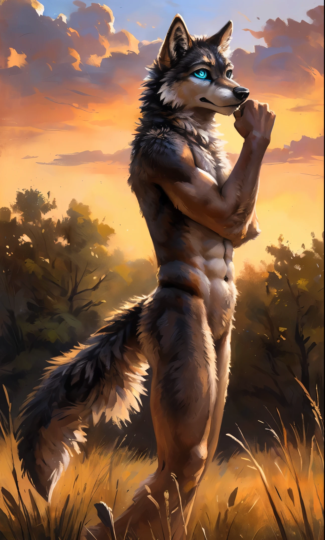 ((Solo)), male people, anthro wolf, (Multi-colored fur, White-brown:1.3,White tail pointed), (Height 2.1m,Tail length 1.5m), ((Wolf face, Big eyes, White eyelids, Blue pupil, Slim:1.2) (Tough, Calm expression:1.2)), Abs, Slim, pinging)), (Correct anatomy), Naked all over the body,A long big tail,Feet,(Realistic fur, Detailed fur texture, labeled:1.3)), (Natural lighting), Photorealistic, Hyperrealistic, ultradetailed, by Kenket,Field,No artifacts