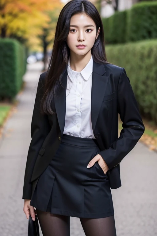 (masterpiece, best quality:1.2), cowboy shot, solo, 1girl, kugisaki nobara, expressionless, closed mouth, looking at viewer, hand on hip, school uniform, black jacket, skirt, pantyhose、Japanese actress Asami Mizukawa,Transparent beautiful skin、Eyes with long slits and a cool impression、black hair suits you、