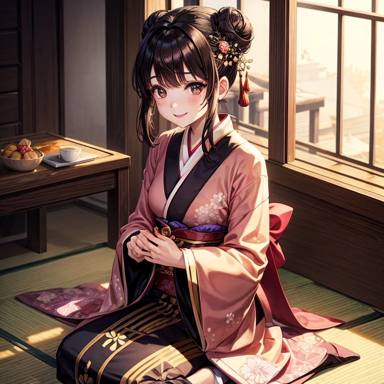 animesque、a beauty girl、kimono、Brown hair、Black eyes glow、A smile、Bun hair、Seiza