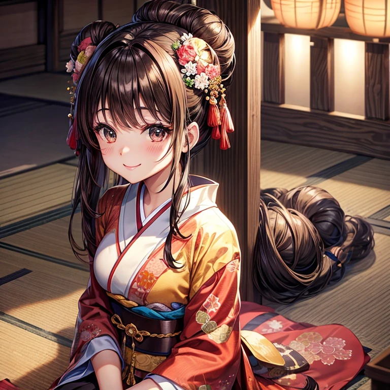 animesque、a beauty girl、kimono、Brown hair、Black eyes glow、A smile、Bun hair、Seiza