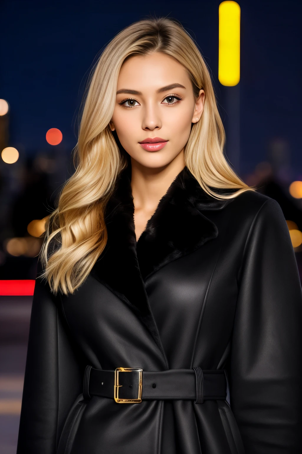 A woman posing wearing a full-length black mink coat, realistic body shot photo, In the illuminated night city, The front is slightly open, In front of the camera, (Natural Breast), Glamour, blonde  hair, hyperdetailed face, hyperdetailed lips, Ultra-detailed nose, Beautiful face, Perfect Anatomy, fit girl, Looking into the camera, Walking towards the camera, Facing the front, strong hip, wide-hips, 25 years old women, Beautiful hands