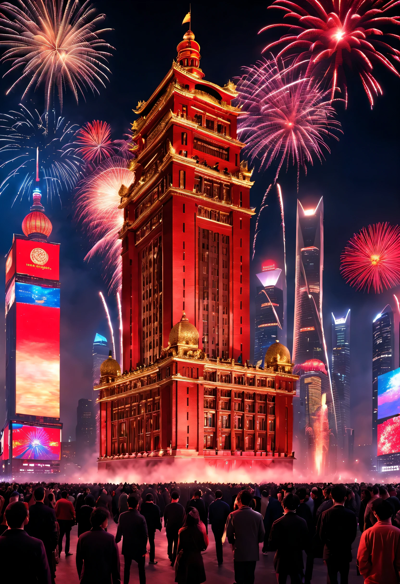 2024 New Year’s Eve celebration scene design, (Red and gold poster design), (Happy New Year with the electronic projection screen of the giant building on the Bund in Shanghai), Everyone watched the countdown on the big screen, Fireworks are blooming everywhere, Many ribbons and colorful pieces fall in the air, people's wishes,,Valerio Orgiatti,author:Shigeru Ban,Public places,Ray traching,globalillumination,colored lighting,modern, The is very detailed, Best quality at best, tmasterpiece, A high resolution, photo-realism, Hyper-realistic, actual, 8K,