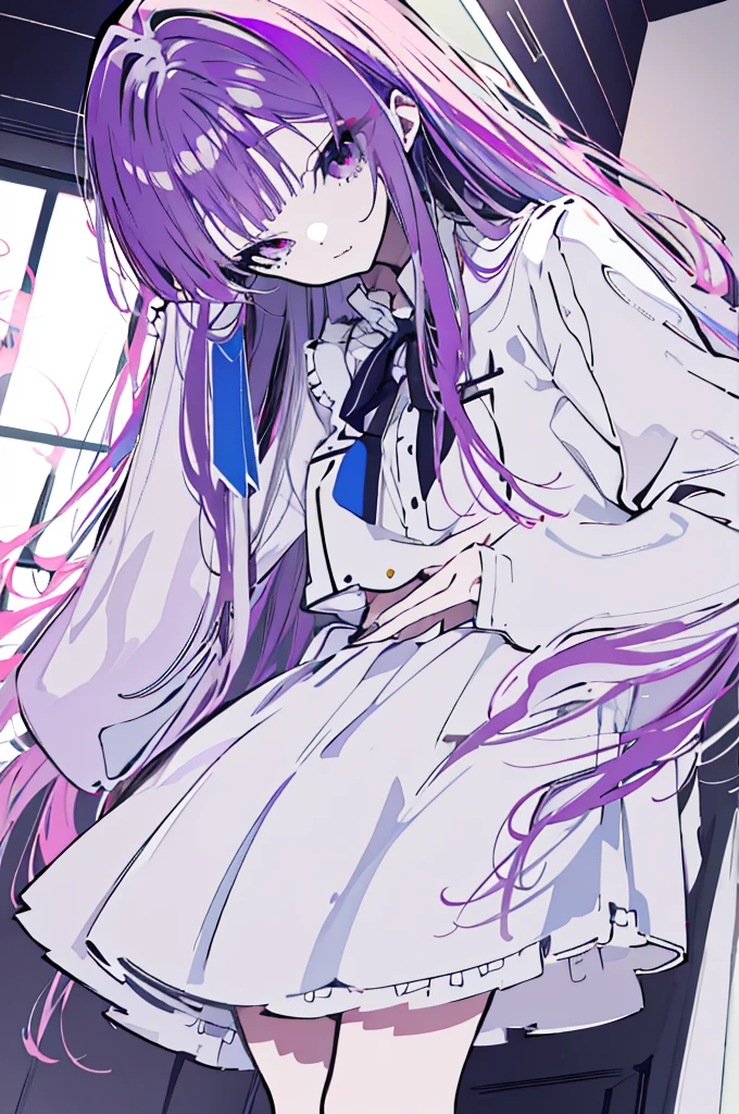 one-girl，solo,Purple eye，167cm height，55cm bust，((quality, 8K, tmasterpiece: 1.3)), white colors女仆lack short skirt，, mitsukasa ayase,Purple eye，Pink medium long hair， Smaller,, (natural soft light, : 1.1), Indoors，in a  bedroom，sitted, white colors透明连裤袜，white colorull bodyesbian