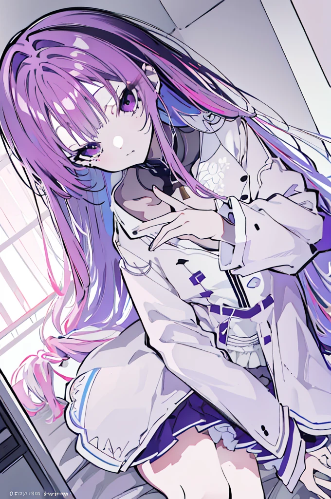 one-girl,solo,Purple eye,167cm height,55cm bust,((quality, 8K, tmasterpiece: 1.3)), white colors女仆lack short skirt,, mitsukasa ayase,Purple eye,Pink medium long hair, Smaller,, (natural soft light, : 1.1), Indoors,in a bedroom,sitted, white colors透明连裤袜,white colorull bodyesbian