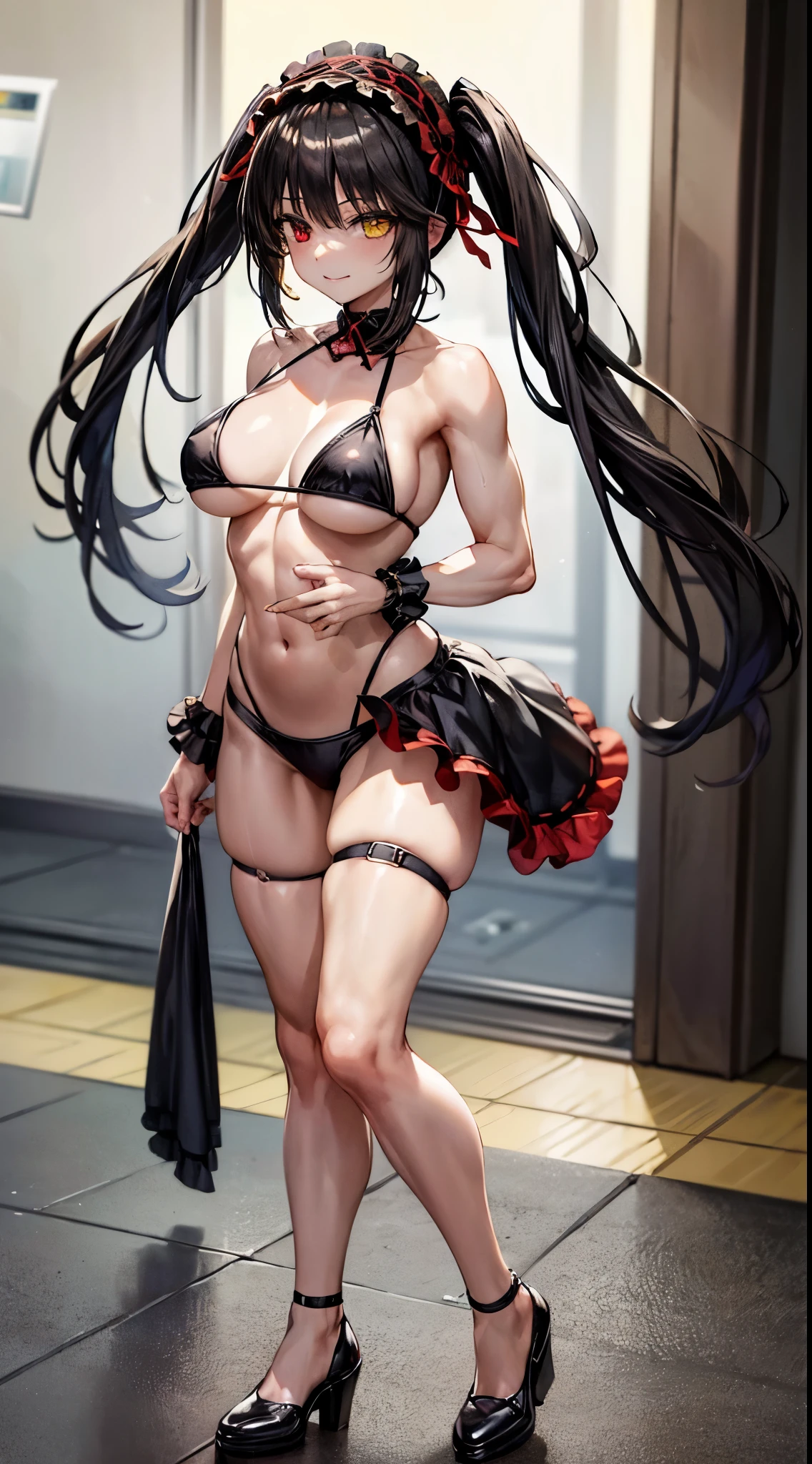 1 girl, bare shoulders, black hair, medium breasts, (muscular legs), muscular belly, wide hips, thin waist, (((clock eyes))), (wearing a very short and sexy bikini), (((no motel room))), full body, hairband, (showing her sexy body), (((focus on legs))), standing, heterochromia, black high heel shoes, ta hairband, long hair, red eyes, smile, only, symbol-shaped pupils, (Kurumi tokisaki), (twintails), yellow eyes