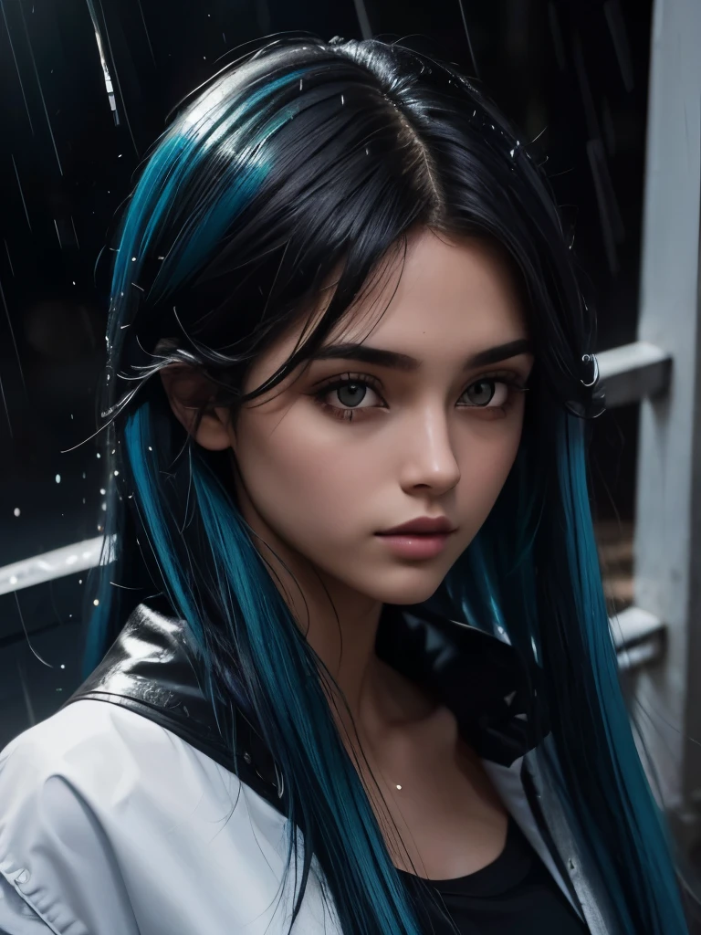 20yo girl, rasgos caucasicos, mirando al frente con mirada decidida con sus ojos verde esmeralda, parte de arriba del cuerpo,  aspecto rebelde, ciudad luminosa y silenciosa en mitad de una noche lluviosa, mojasa por la lluvia, ambiente oscuro y opresivo, pelo despeinado por el viento, pelo mojado por la lluvia, pelo recogido en una coleta, pelo tintado totalmente de azul oscuro, flequillo del pelo cayendole sobre el rostro, 8K, HD,  chaqueta abierta con ropa interior visible, ropa mojada por la lluvia,