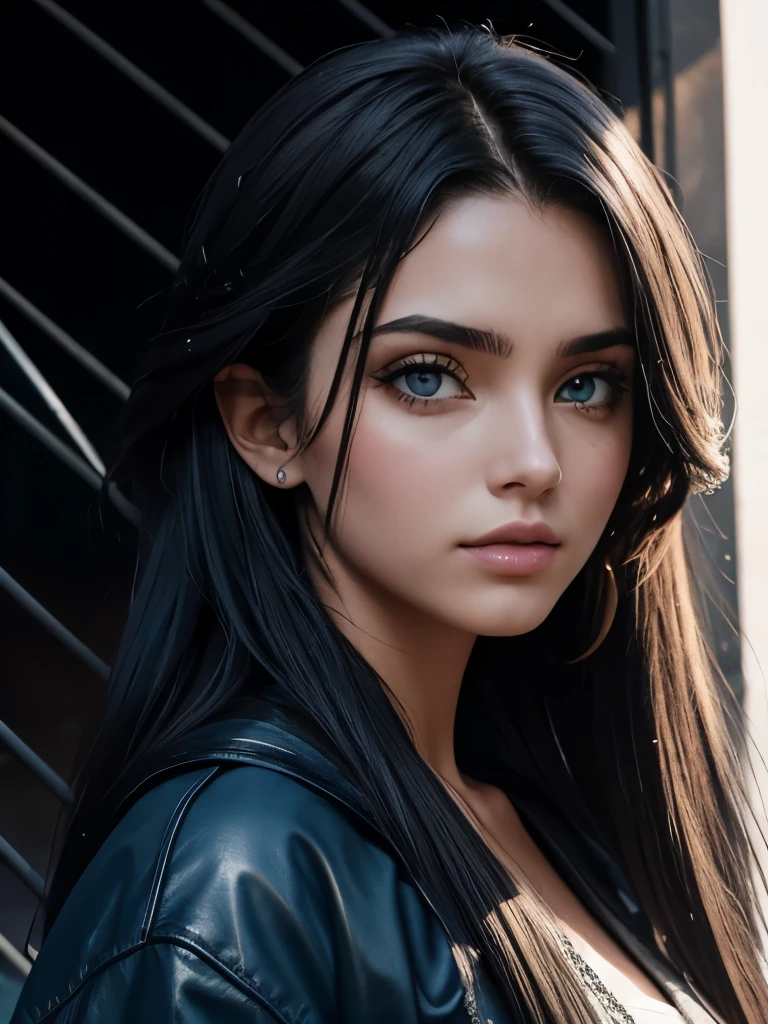 20yo girl, rasgos caucasicos, mirando al frente con mirada decidida con sus ojos verde esmeralda, parte de arriba del cuerpo, aspecto rebelde, ciudad luminosa y silenciosa en mitad de una noche lluviosa, mojasa por la lluvia, ambiente oscuro y opresivo, pelo despeinado por el viento, pelo mojado por la lluvia, pelo recogido en una coleta, pelo tintado totalmente de azul oscuro, flequillo del pelo cayendole sobre el rostro, 8K, HD, chaqueta abierta con ropa interior visible, ropa mojada por la lluvia,