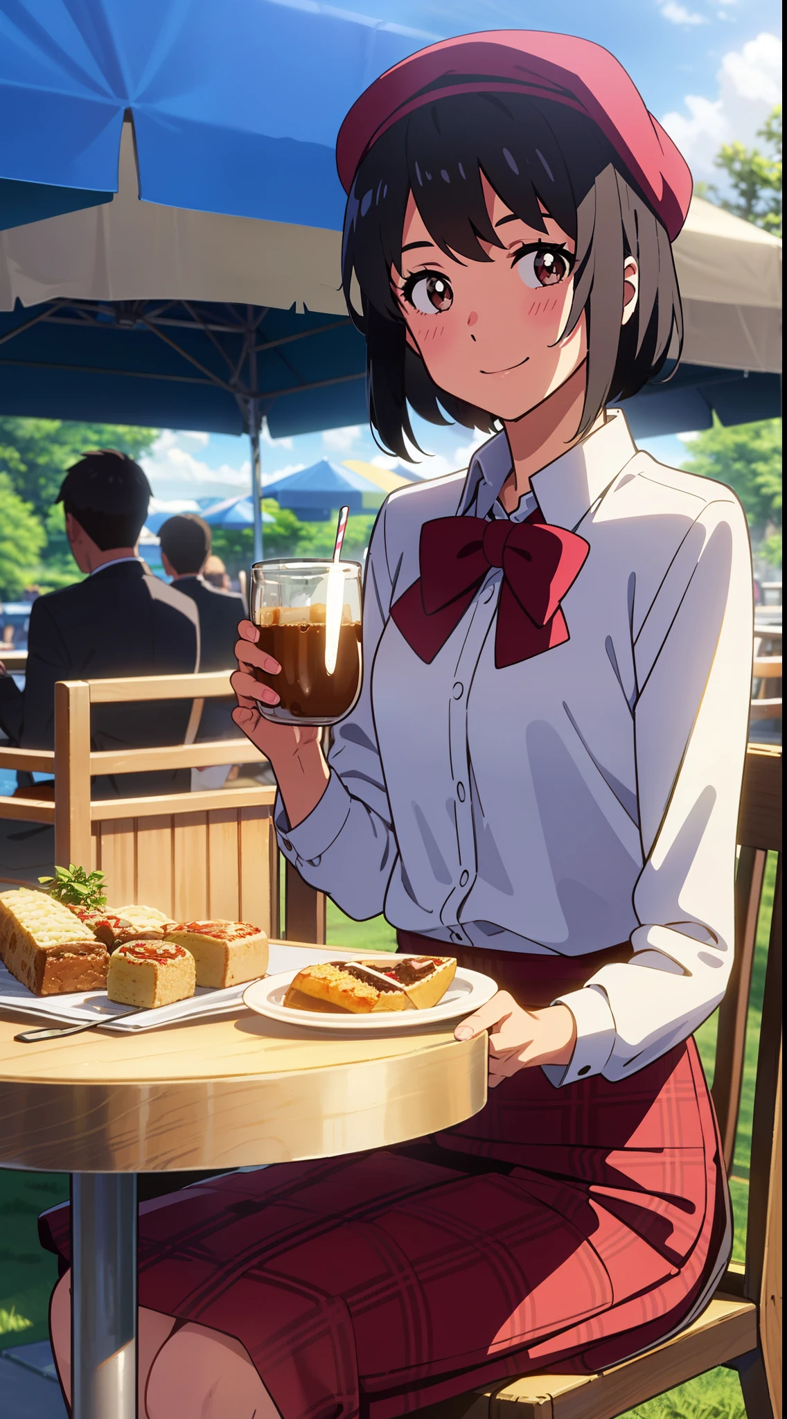 shinkai makoto, kimi no na wa., 1girl, bangs, black hair, blush, bright eyes, brown eyes, red headband, red bow, red ribbon, short hair, smile, cute, beautiful, shiny skin, perfect body, perfect hands, looking at viewer, sweater, shirt, flatcap, skirt, plaid skirt, day, sky, blue sky, cloudy, sunlight, outdoors, summer festival, Amusement park, dynamic lights, restaurant, resto, cafe, coffee, table, chair, sitting, drinking