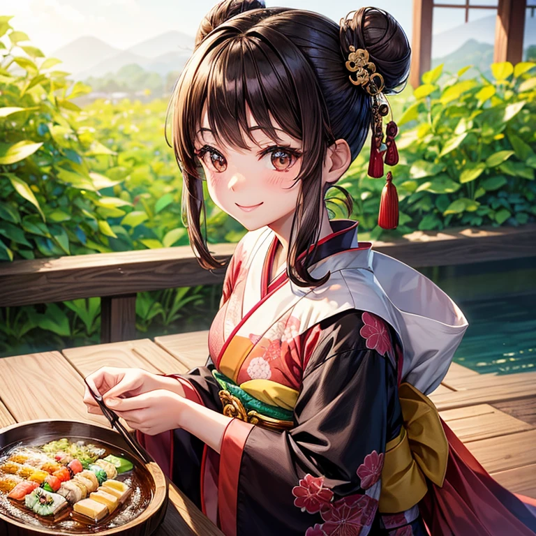 animesque、a beauty girl、kimono、Brown hair、Black eyes glow、A smile、Bun hair、Seiza、Osechi cuisine