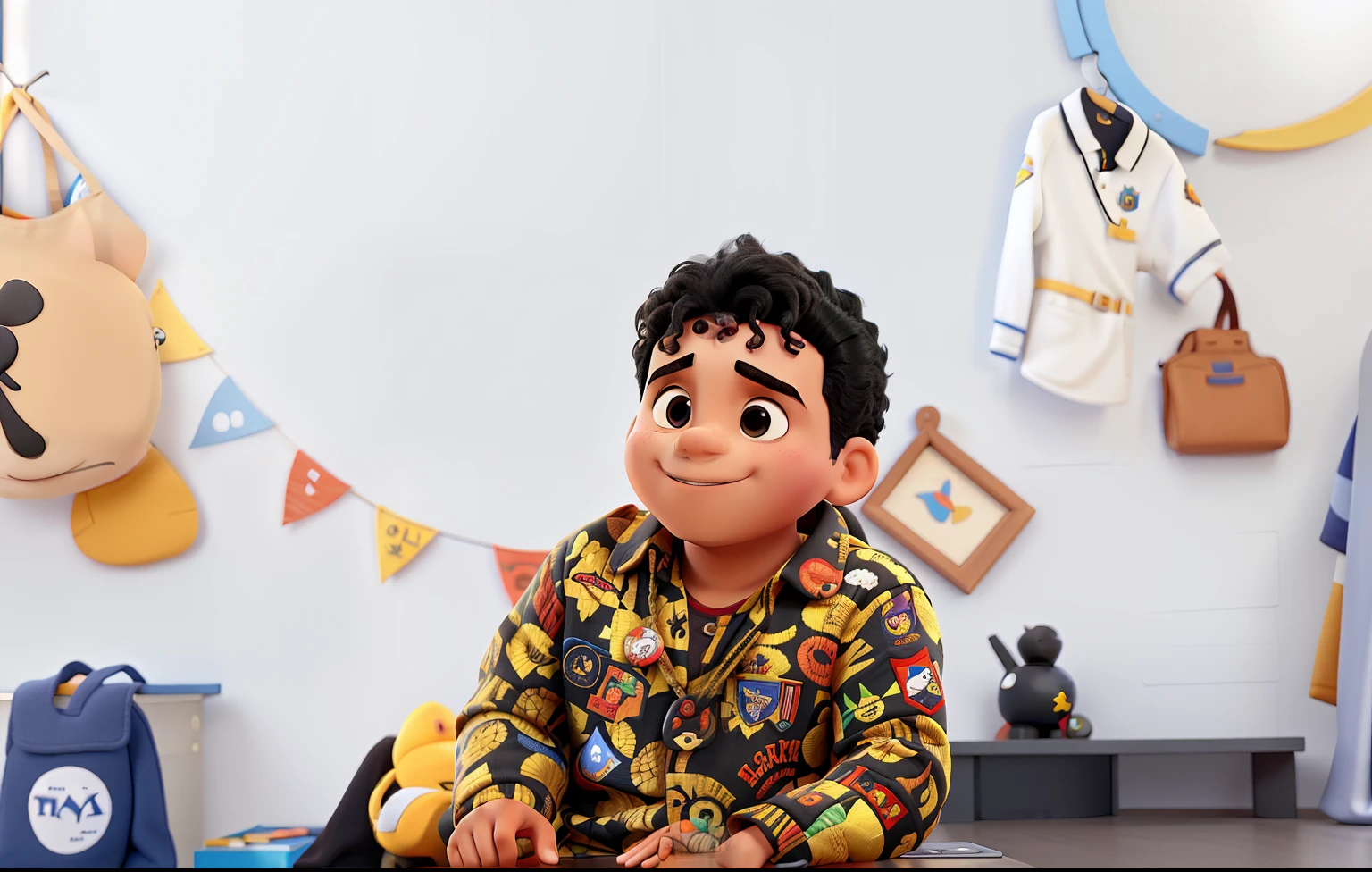 negro gordinho, estilo disney pixer, uniforme de escola