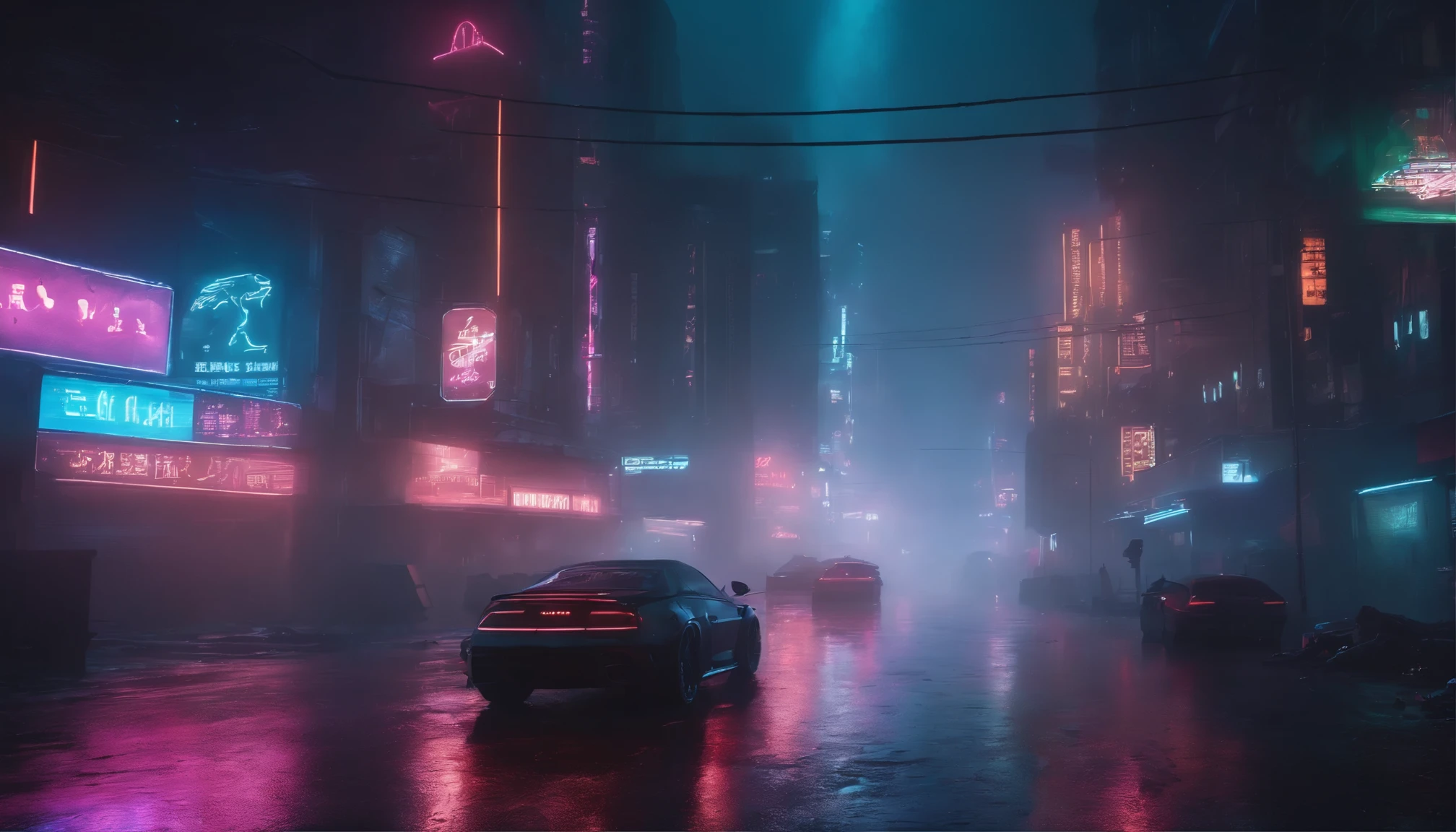 "Neon-lit cyberpunk street, futuristic city street, Dystopian artwork in the dark,Huge signboard , 4k wallpaper. Rain and fog atmosphere, Evoking a sullen and desolate future."