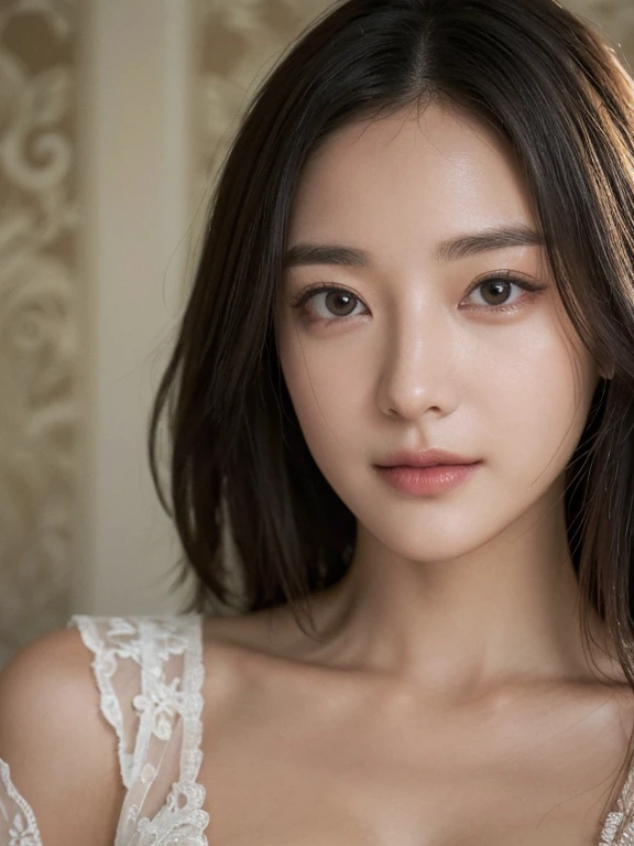 Masterpiece, angle de face, Best image quality, High quality, beautiful woman, Japonais, Detailed, swollen eyes, Detailed eyes, Detailed skin, belle peau, ultra High resolution, (Reality: 1.4),very beautiful, slightly younger face, belle peau, Mince, (ultra realist), (illustration), (High resolution), (8k), (very Detailed) (Meilleure illustration), (beautifully Detailed eyes), (super Detailed), (wallpaper), (Detailed face), finedetail, Detailed face, pureerosfaceace_v1, Souriant, Regarder droit devant nous, Regarder droit devant nous de face, photo realist, glowing lighting, professional lighting, cheveux noirs (une partie des cheveux partie verte), cheveux longs, Ruines sombres, Grande Lune Rouge, magnifique robe rouge et noire, mature woman, long and elegant fringe,