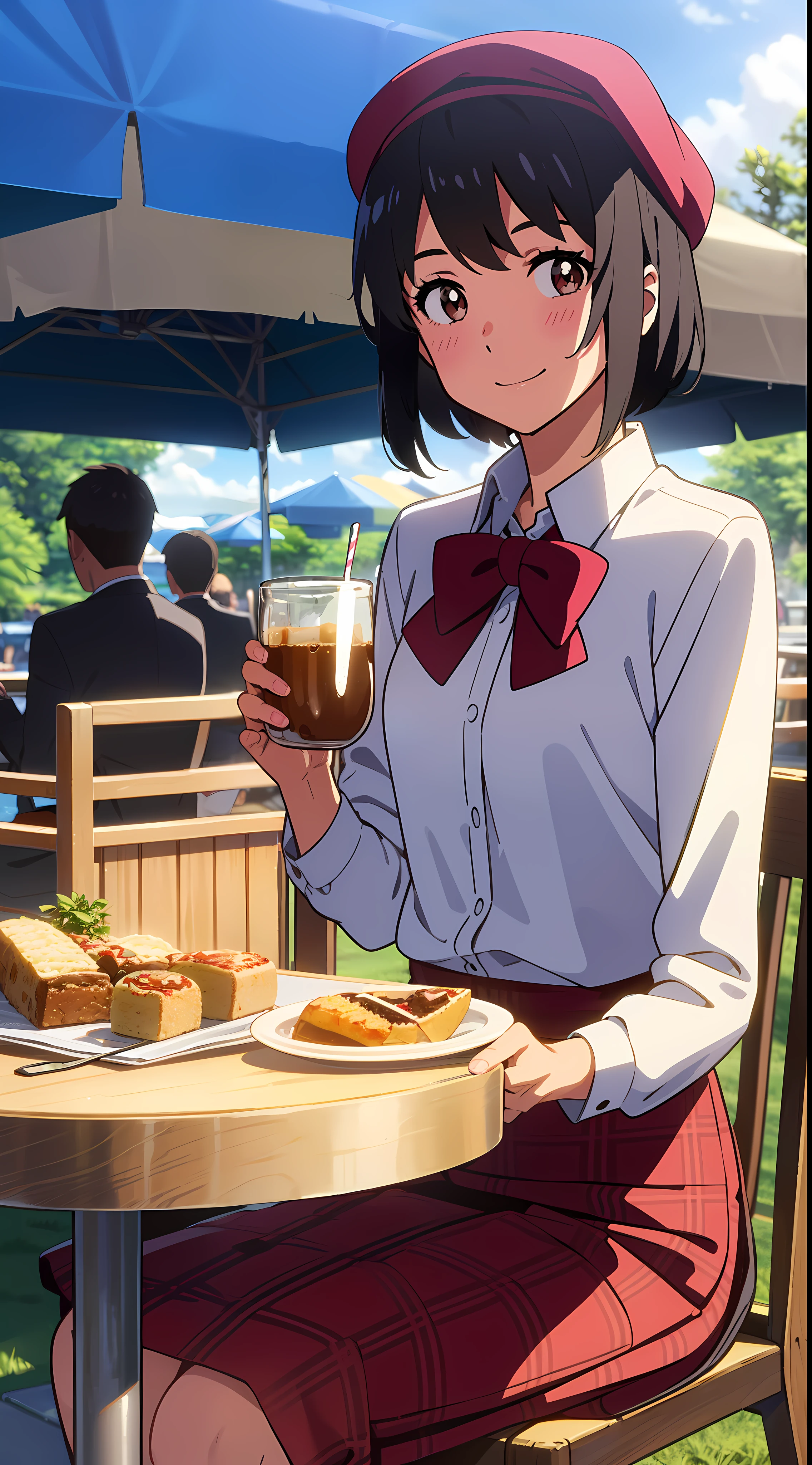 shinkai makoto, kimi no na wa., 1girl, bangs, black hair, blush, bright eyes, brown eyes, red headband, red bow, red ribbon, short hair, smile, cute, beautiful, shiny skin, perfect body, perfect hands, looking at viewer, sweater, shirt, flatcap, skirt, plaid skirt, day, sky, blue sky, cloudy, sunlight, outdoors, summer festival, Amusement park, dynamic lights, restaurant, resto, cafe, coffee, table, chair, sitting, drinking