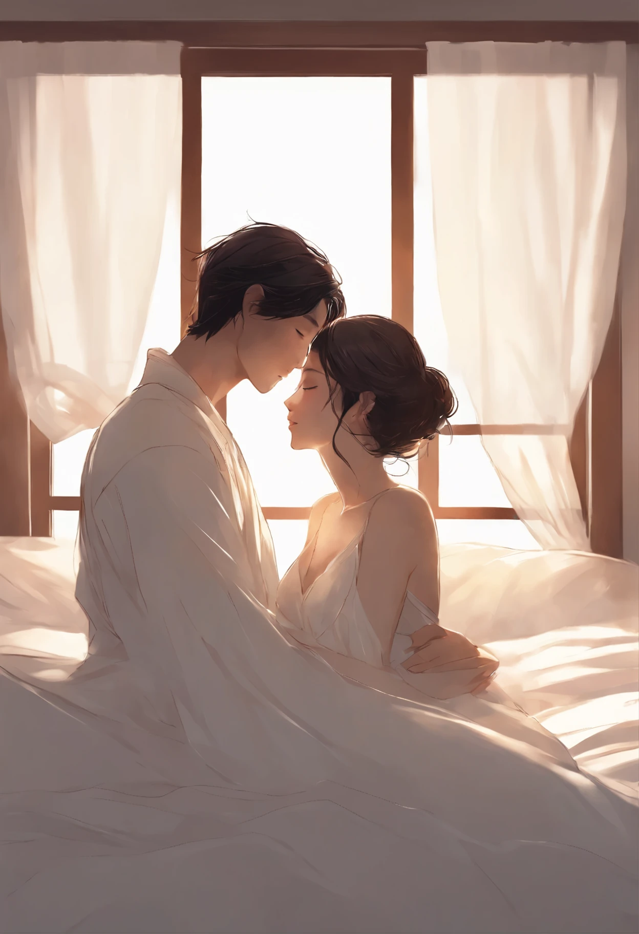 drawing of a couple hugging in bed with a white sheet, He holds her, While she sleeps, by Li Mei-shu, Yanagawa Nobusada, soft anime illustration, by Jin Nong, Naka Bokuhnen, charlie bowater and artgeem, couple pose, Lovers melt in bed, Eizan Kikukawa, hug, Makoto Shinkai and (Cainova plague), sakimichan and makoto shinkai, guweiz, Kissing together, artwork in the style of guweiz,