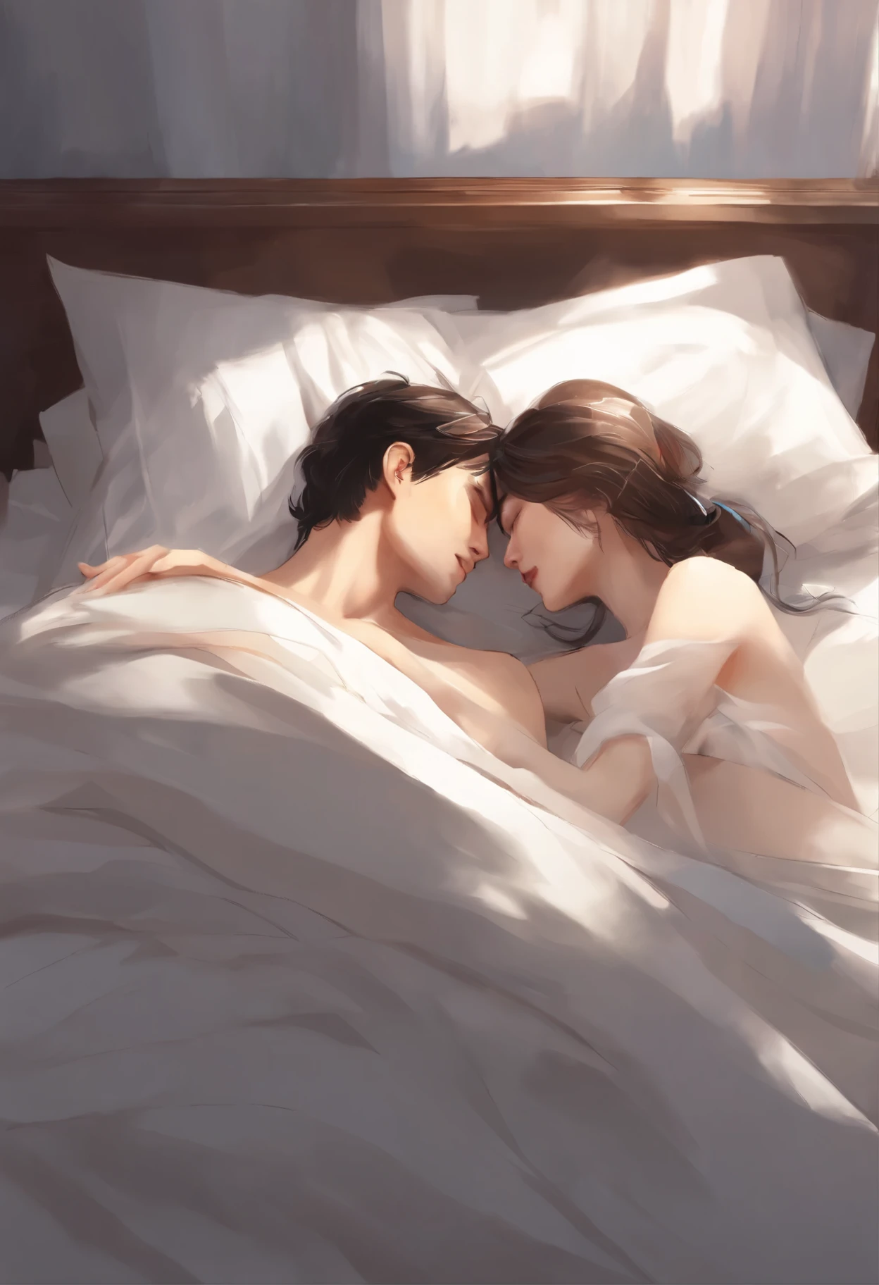 drawing of a couple hugging in bed with a white sheet, He holds her, While she sleeps, by Li Mei-shu, Yanagawa Nobusada, soft anime illustration, by Jin Nong, Naka Bokuhnen, charlie bowater and artgeem, couple pose, Lovers melt in bed, Eizan Kikukawa, hug, Makoto Shinkai and (Cainova plague), sakimichan and makoto shinkai, guweiz, Kissing together, artwork in the style of guweiz,