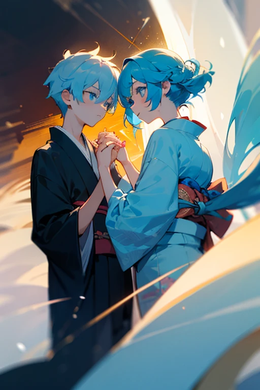 A girl with light blue hair and light blue eyes and a boy with light blue hair and light blue eyes wearing kimono and holding hands