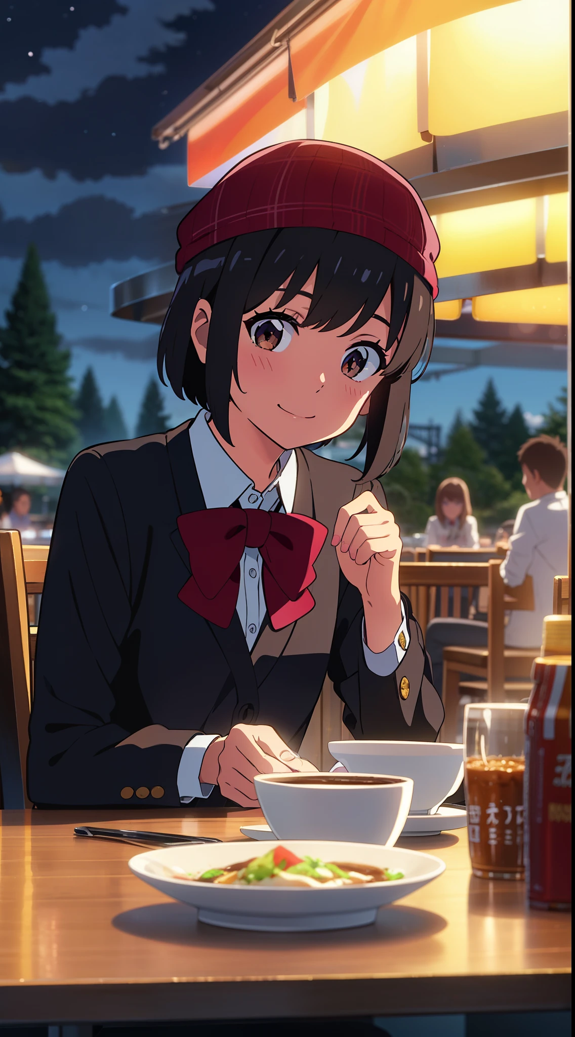 shinkai makoto, kimi no na wa., 1girl, bangs, black hair, blush, bright eyes, brown eyes, red headband, red bow, red ribbon, short hair, smile, cute, beautiful, shiny skin, perfect body, perfect hands, looking at viewer, sweater, shirt, flatcap, skirt, plaid skirt, night, night sky, cloudy, sunlight, outdoors, summer festival, Amusement park, dynamic lights, restaurant, resto, cafe, coffee, table, chair, sitting, drinking