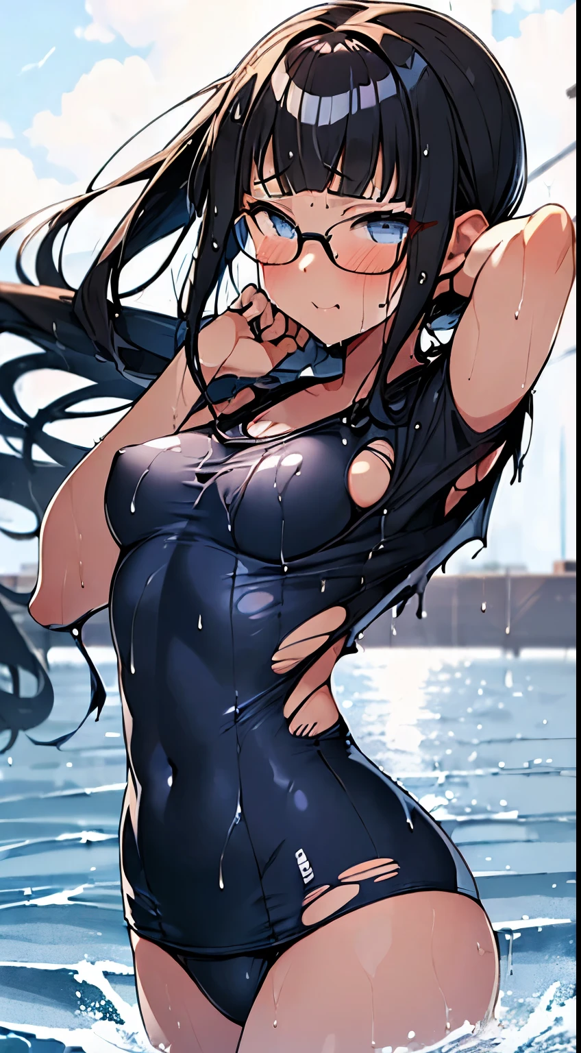 masutepiece, Best Quality, Extremely detailed, Anime, ((((Petite,)))) (((1 girl,))) (((Solo,))) 年轻, long hair blown up, Blunt bangs, Detailed black hair, Cute face, Small breasts, beautiful detailed blue eyes, White skin, brown hair band, ((Navy blue school swimsuit,)) Glasses, ((shiny,)) embarrassed, (((((Wet,))))) (((Dynamic Angle,))) (((((Vulgarity,))))) (((((Torn clothes,)))))