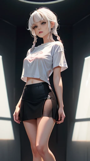 ((masterpiece)), (high quality), full body, a girl with platinum hair, curly hair, double braids, seductive expression, very short t-shirt, translucent white t-shirt, t-shirt without prints, wet t-shirt, transparent fabric, part of visible underside of the breast, noticeable nipples, visible belly, very short black miniskirt, open on the side.