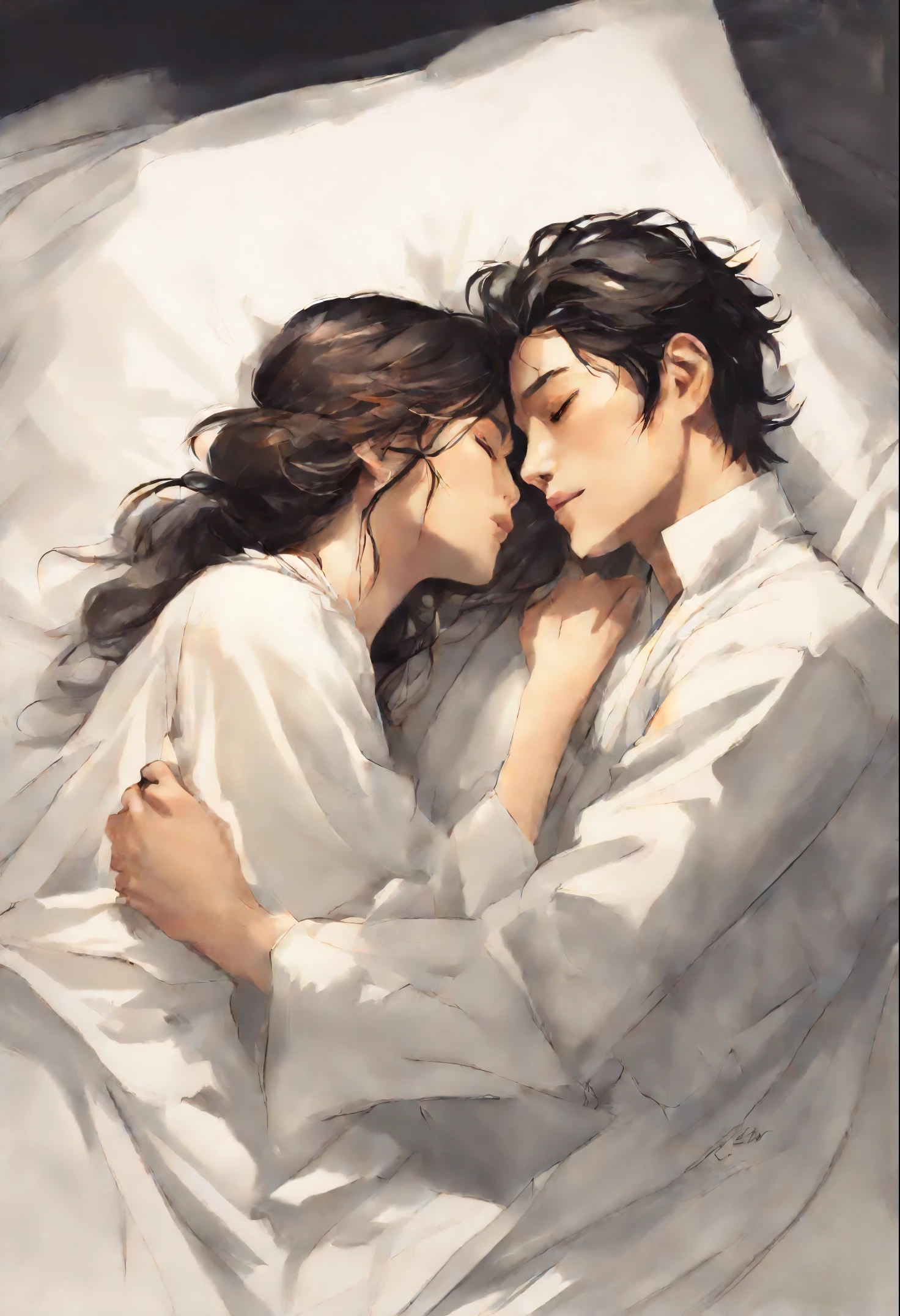 drawing of a couple hugging in bed with a white sheet, He holds her, While she sleeps, by Li Mei-shu, Yanagawa Nobusada, soft anime illustration, by Jin Nong, Naka Bokuhnen, charlie bowater and artgeem, couple pose, Lovers melt in bed, Eizan Kikukawa, hug, Makoto Shinkai and (Cainova plague), sakimichan and makoto shinkai, guweiz, Kissing together, artwork in the style of guweiz,