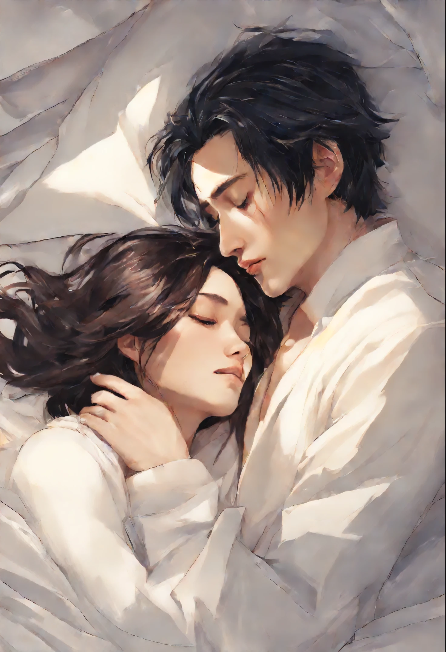 drawing of a couple hugging in bed with a white sheet, He holds her, While she sleeps, by Li Mei-shu, Yanagawa Nobusada, soft anime illustration, by Jin Nong, Naka Bokuhnen, charlie bowater and artgeem, couple pose, Lovers melt in bed, Eizan Kikukawa, hug, Makoto Shinkai and (Cainova plague), sakimichan and makoto shinkai, guweiz, Kissing together, artwork in the style of guweiz,