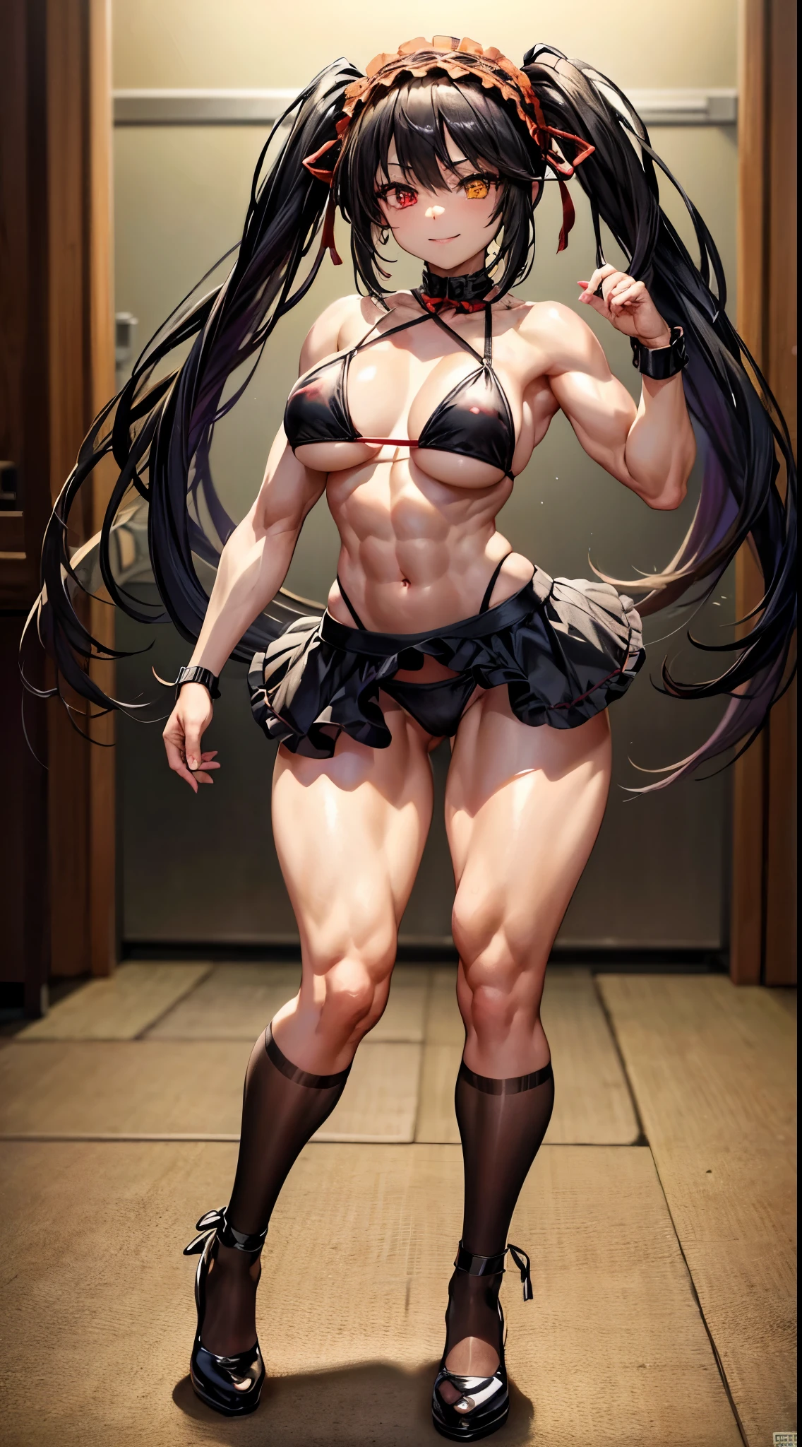 1 girl, bare shoulders, black hair, medium breasts, (muscular legs), muscular belly, wide hips, thin waist, (((clock eyes))), (wearing a very short and sexy bikini), (((no motel room))), full body, hairband, (((showing her beautiful and well-muscled legs))), standing, heterochromia, black high-heeled shoes, ta hairband, long hair, red eyes, smile, only, symbol-shaped pupils, (Kurumi tokisaki), (twintails), yellow eyes