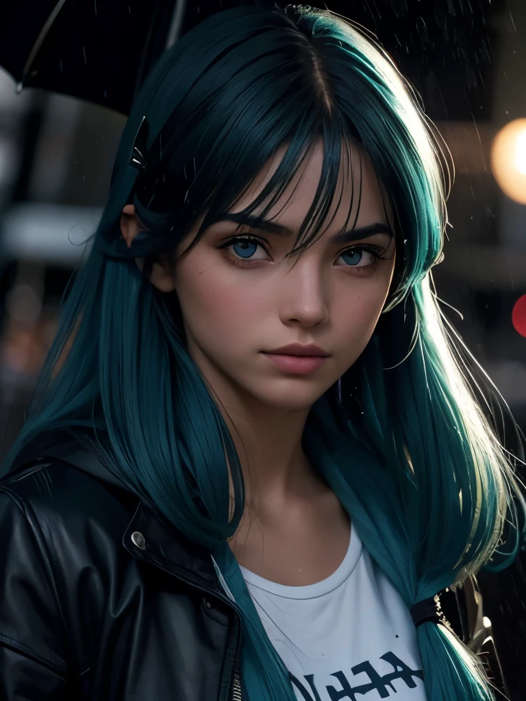20yo girl, rasgos caucasicos, mirando al frente con mirada decidida con sus ojos verde esmeralda, parte de arriba del cuerpo,  aspecto rebelde, ciudad luminosa y silenciosa en mitad de una noche lluviosa, mojasa por la lluvia, ambiente oscuro y opresivo, pelo despeinado por el viento, pelo mojado por la lluvia, pelo recogido en una coleta, pelo tintado totalmente de azul oscuro, flequillo del pelo cayendole sobre el rostro, 8K, HD, ropa interior visible, ropa mojada por la lluvia,