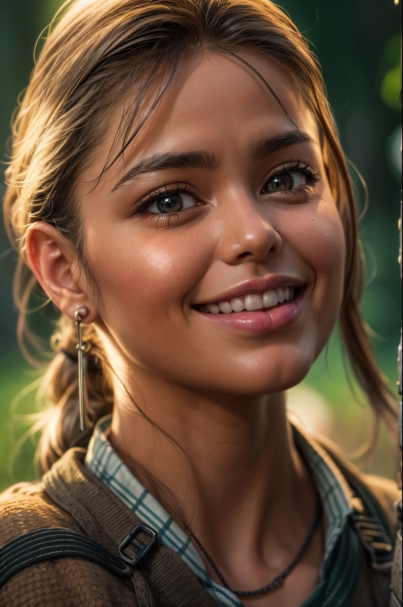 solo, cool woman, 25age, short ponytail, camping clothes, campsite, from below, cinematic angle, smile, detailed beautiful face and eyes, shiny hair, jewelry, cinematic lighting, jpeg artifacts, drop shadow, depth of field, hyperrealism, masterpiece, retina, ccurate, best quality, highres, 4K, super detail