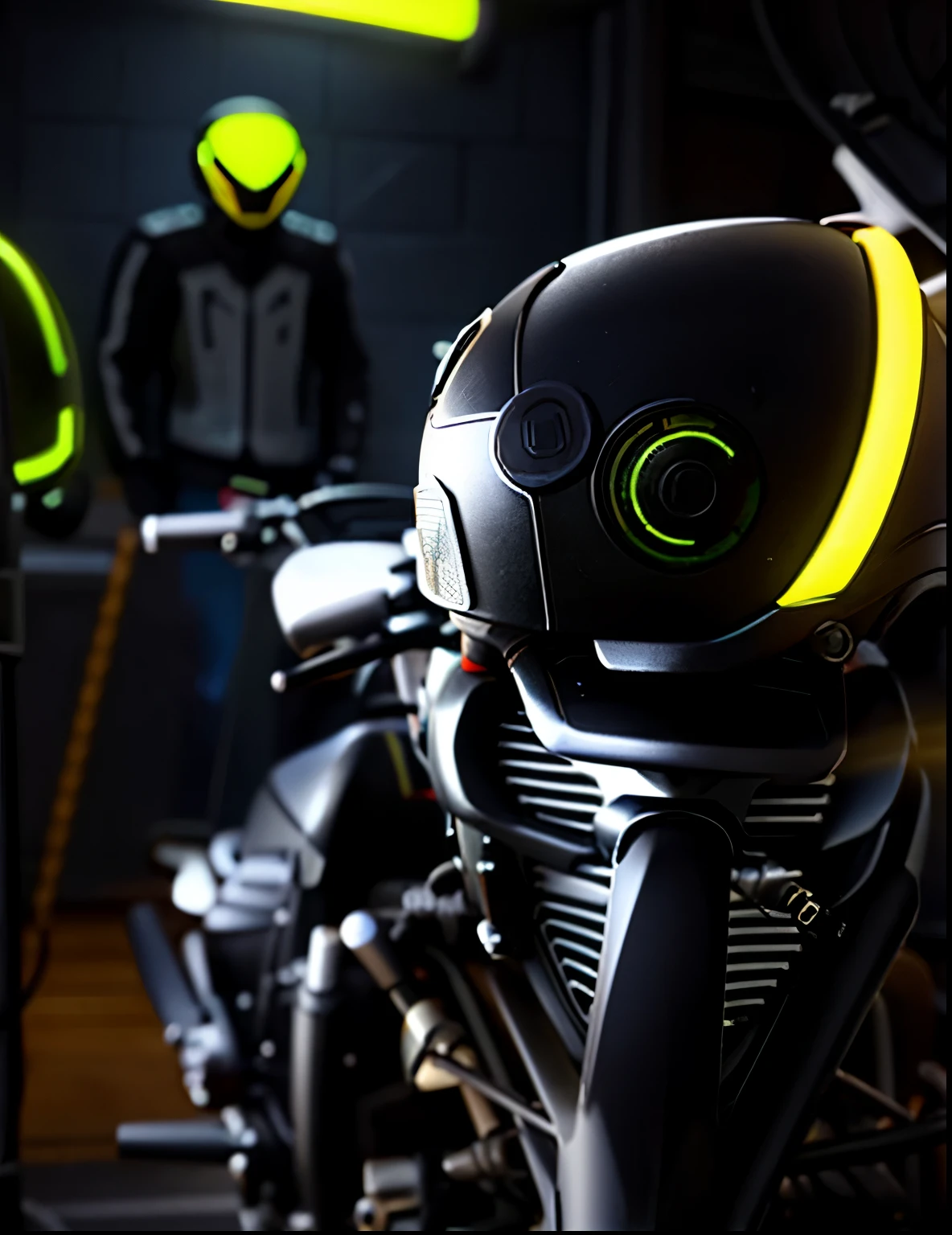 there is a motorcycle that is parked in a room, bold graphics, helmet view, instagram post, with neon visor, retro vibe, black armor with yellow accents , pixar style