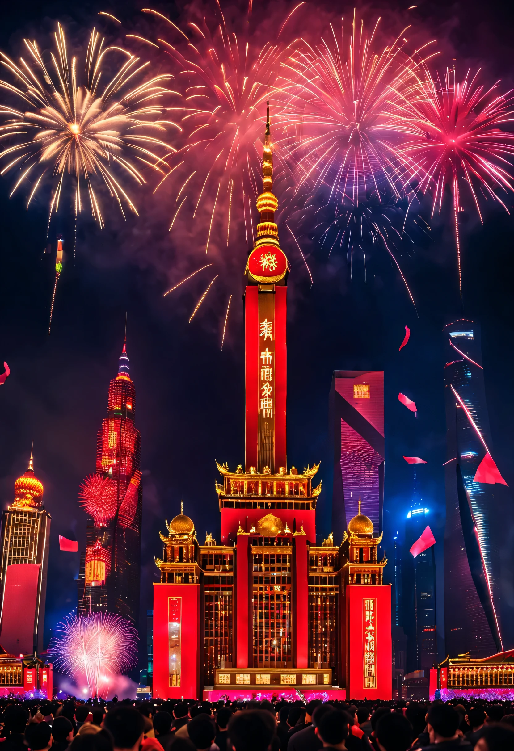 2024 New Year’s Eve celebration scene design, (Red and gold poster design), (a happy new year on the electronic projection screen of the giant building on the Bund in Shanghai), (a happy new year: 1.3), Crowd watching countdown on big screen, Fireworks blooming everywhere, Colorful ribbons and confetti falling in the air, and people's wishes,