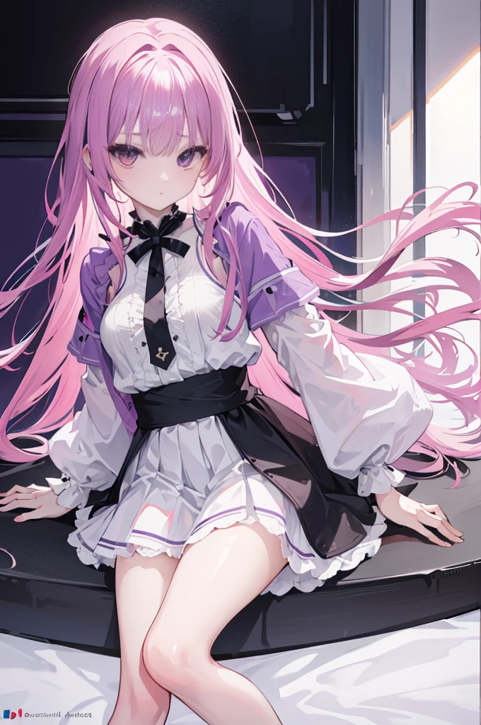 one-girl，solo,Purple eye，167cm height，55cm bust，RAW photogr, Camera gaze, ((quality, 8K, tmasterpiece: 1.3)), white colors女仆lack short skirt，, mitsukasa ayase,Purple eye，Pink medium long hair， Smaller,, (natural soft light, : 1.1), Indoors，in a  bedroom，sitted, white colors透明连裤袜，white colorull bodyesbian