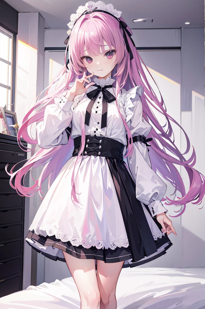one-girl,solo,Purple eye,167cm height,55cm bust,RAW photogr, Camera gaze, ((quality, 8K, tmasterpiece: 1.3)), white colors女仆lack short skirt,, mitsukasa ayase,Purple eye,Pink medium long hair, Smaller,, (natural soft light, : 1.1), Indoors,in a bedroom,sitted, white colors透明连裤袜,white colorull bodyesbian