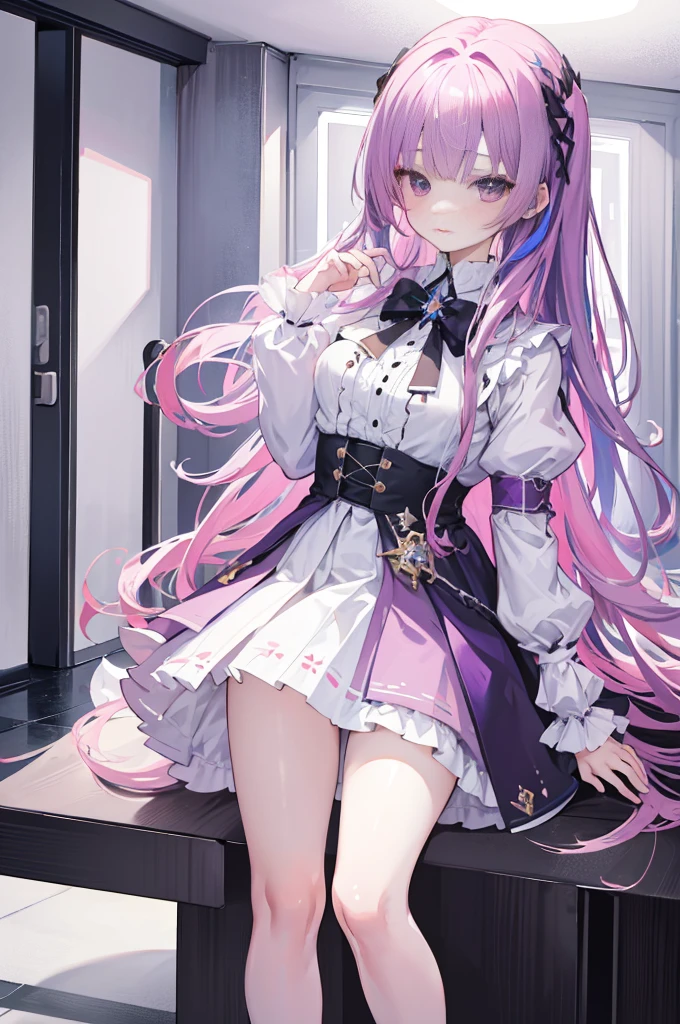 one-girl，solo,Purple eye，167cm height，55cm bust，((quality, 8K, tmasterpiece: 1.3)), white colors女仆lack short skirt，, mitsukasa ayase,Purple eye，Pink medium long hair， Smaller,, (natural soft light, : 1.1), Indoors，in a  bedroom，sitted, white colors透明连裤袜，white colorull bodyesbian