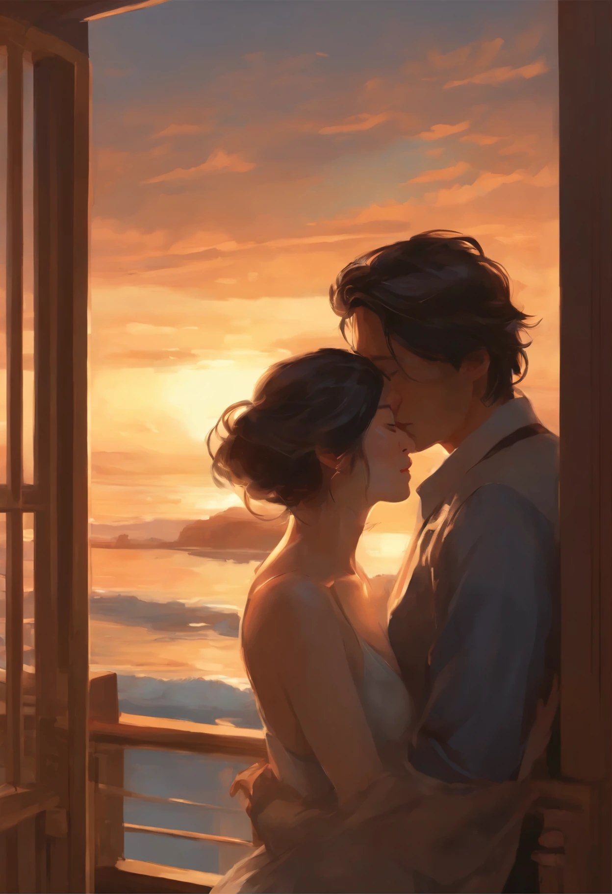 a painting, depicting a couple kissing in front of a window overlooking the ocean, rob rey and kentarõ miura style, rob rey and kentarõ miura, Rob Rei and Kentaro Miura Style, guweiz и Макото Синкай, romantic painting, sakimichan and makoto shinkai, Concept art of love, She had no strength left to resist, when he lifted her up and, removing the pillows, started laying. She felt his hands on her skin, calloused and warm. Makoto Shinkai and (Cainova plague), sakimichan and makoto shinkai, guweiz, Kissing together, artwork in the style of guweiz