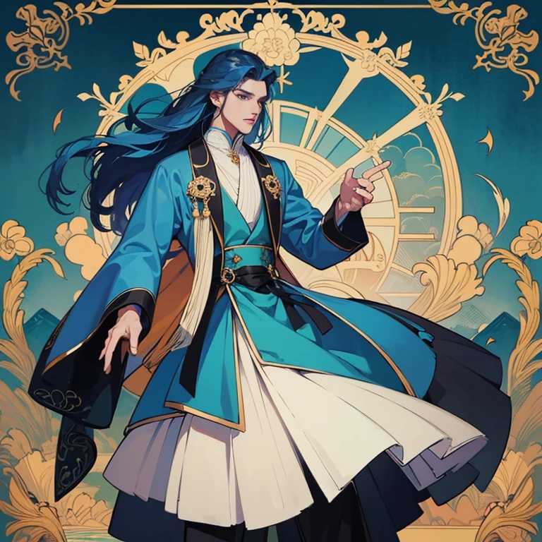 (masterpiece,High quality,Top quality,super detail, best quality ,)hair detail ,skin details,body details,facial details,full body view,1 man,handsome,Tall body,blue hair,beautiful eyes,blue eyes,eye detail,Wear a luxurious outfit,dynasty,