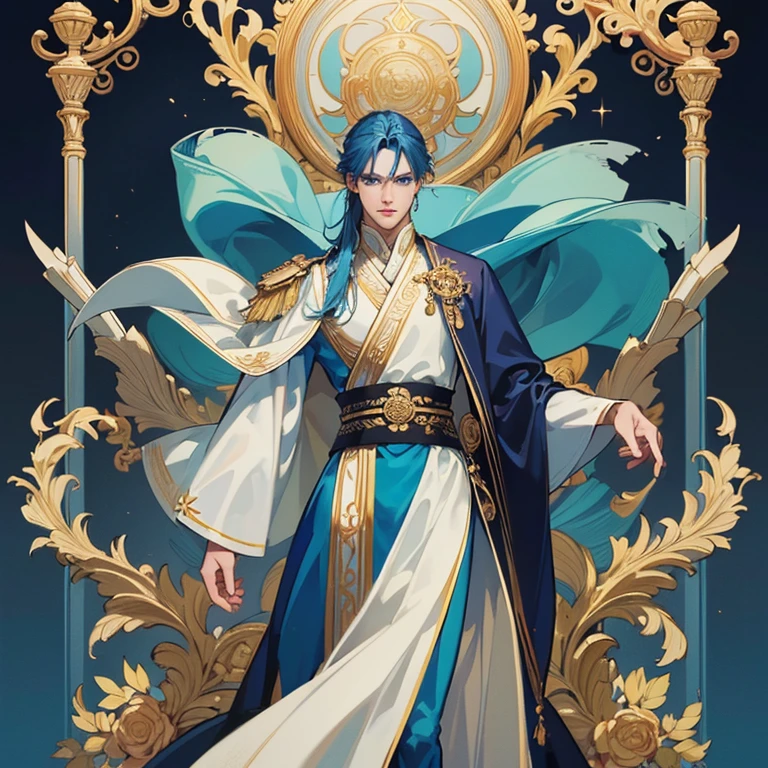 (masterpiece,High quality,Top quality,super detail, best quality ,)hair detail ,skin details,body details,facial details,full body view,1 man,handsome,Tall body,blue hair,beautiful eyes,blue eyes,eye detail,Wear a luxurious outfit,dynasty,