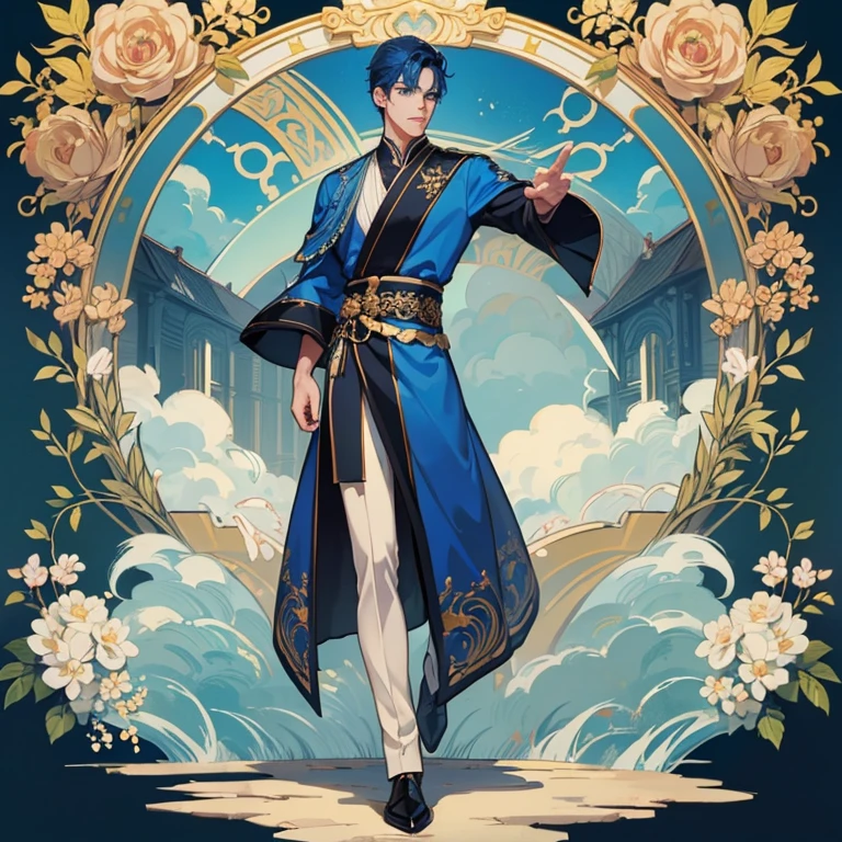 (masterpiece,High quality,Top quality,super detail, best quality ,)hair detail ,skin details,body details,facial details,full body view,1 man,handsome,Tall body,blue hair,beautiful eyes,blue eyes,eye detail,Wear a luxurious outfit,dynasty,