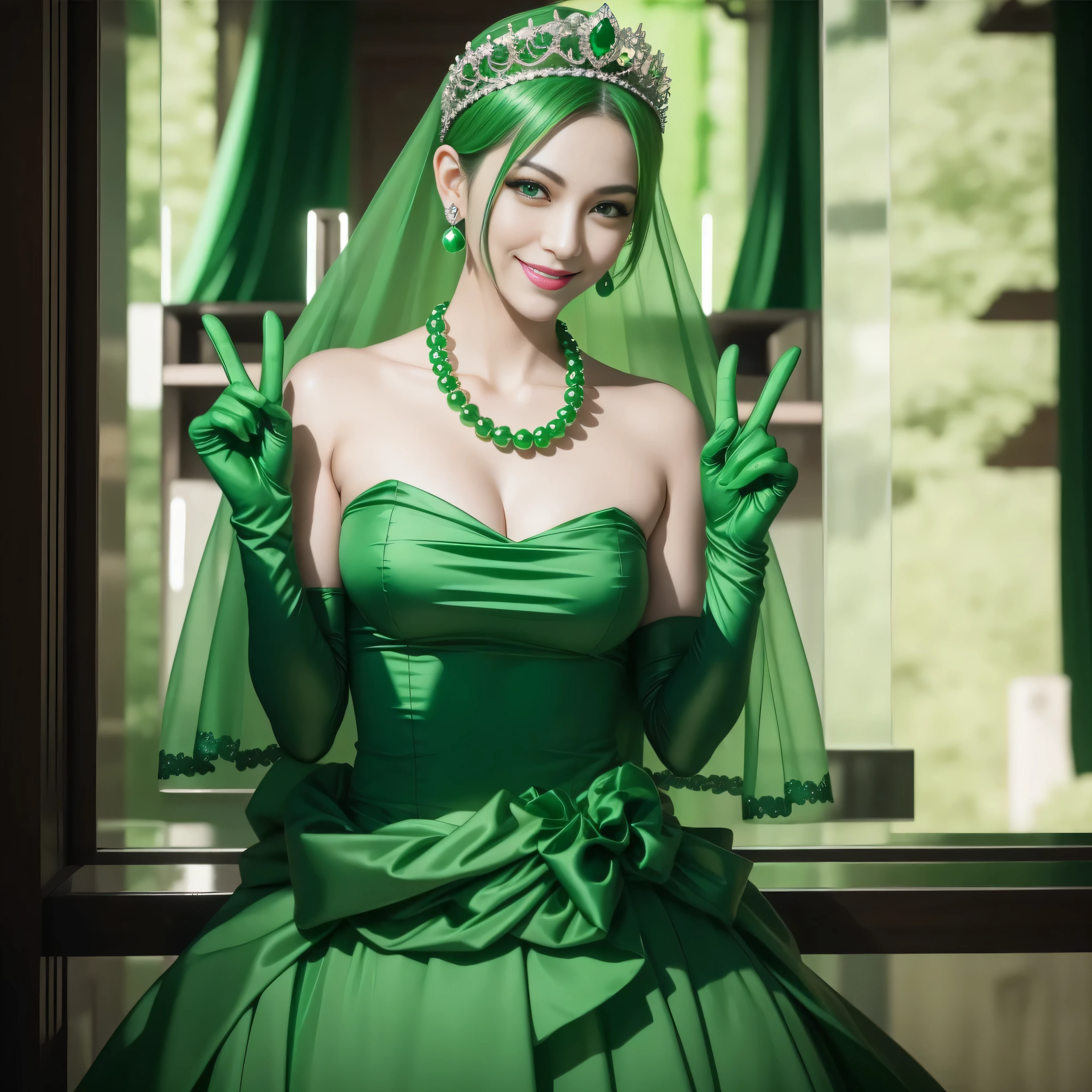 emerald tiara, Green Pearl Necklace, Boyish very short green hair, lipsticks, Japan woman smiling, very short short hair, big breasts beautiful, Green eyes, Long green gloves made of satin material, Green eyes, Emerald Earrings, green vale, v sign
