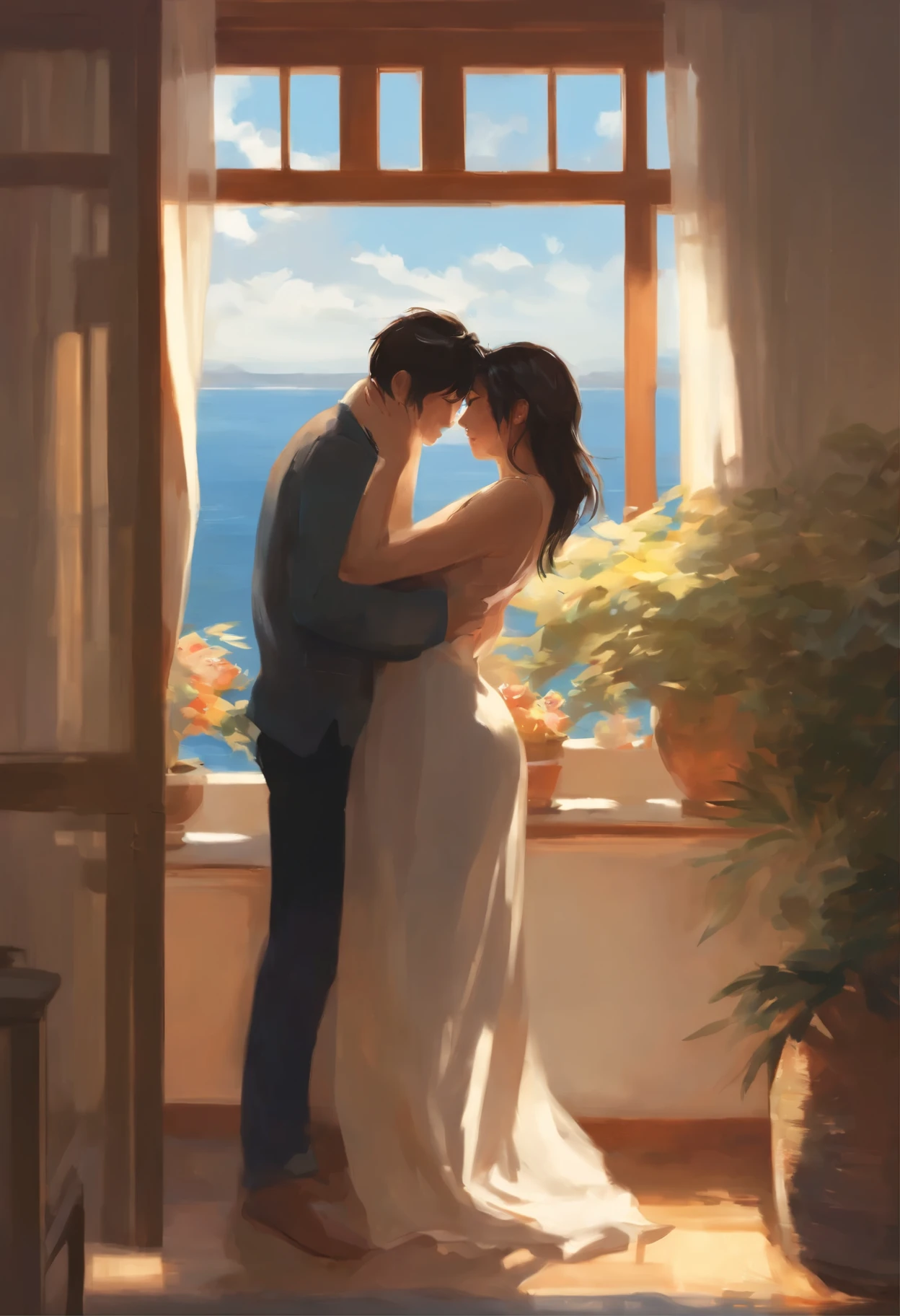 a painting, depicting a couple kissing in front of a window overlooking the ocean, rob rey and kentarõ miura style, rob rey and kentarõ miura, Rob Rei and Kentaro Miura Style, guweiz и Макото Синкай, romantic painting, sakimichan and makoto shinkai, Concept art of love, She had no strength left to resist, when he lifted her up and, removing the pillows, started laying. She felt his hands on her skin, calloused and warm. Makoto Shinkai and (Cainova plague), sakimichan and makoto shinkai, guweiz, Kissing together, artwork in the style of guweiz