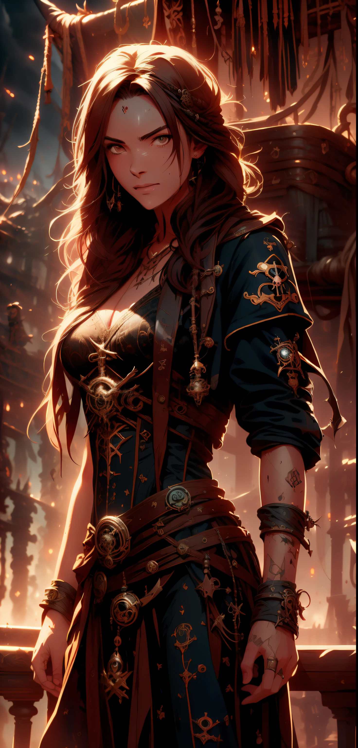 dramatic lighting, highest quality, Cinematic film still, (attractive Anne Bonny, wearing dirty tattered pirate attire, standing on the deck of pirate ship docked at Caribbean port), grimy, dark atmosphere, toned body, (ripped clothing:0.8), perfect face, looking at viewer, (detailed skin), [tattooreckles], ((dirty)), (muddy), (storm clouds:0.7), (stormy weather:0.5), dull, natural lighting, (direct light:0.4), 8mm film grain, photographed on a Sony a9 II, 24mm lens, F/2.8 aperture, deep focus, (RAW), 8k, (still from The Lost Pirate Kingdom)