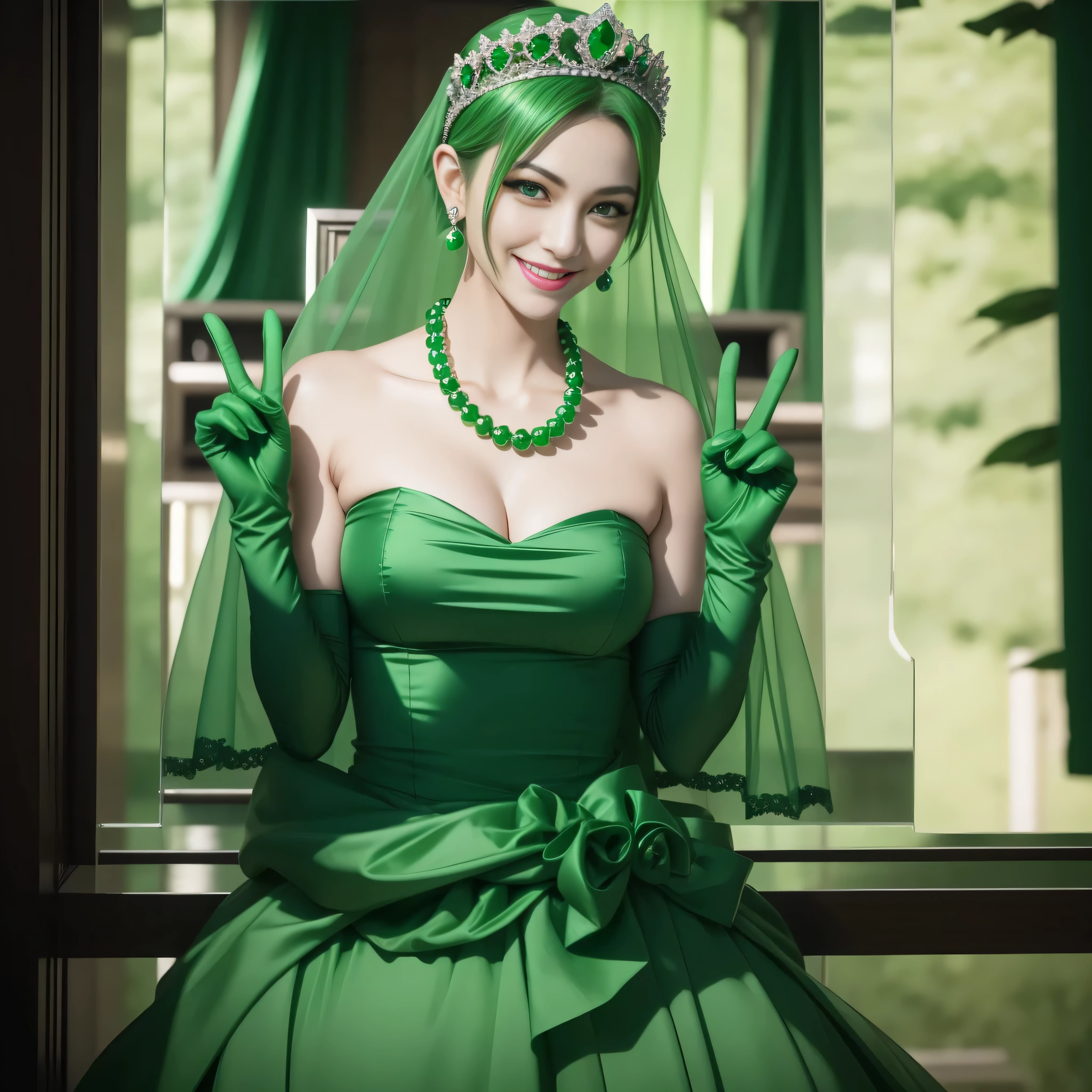 emerald tiara, Green Pearl Necklace, Boyish very short green hair, lipsticks, Japan woman smiling, very short short hair, big breasts beautiful, Green eyes, Long green gloves made of satin material, Green eyes, Emerald Earrings, green vale, v sign