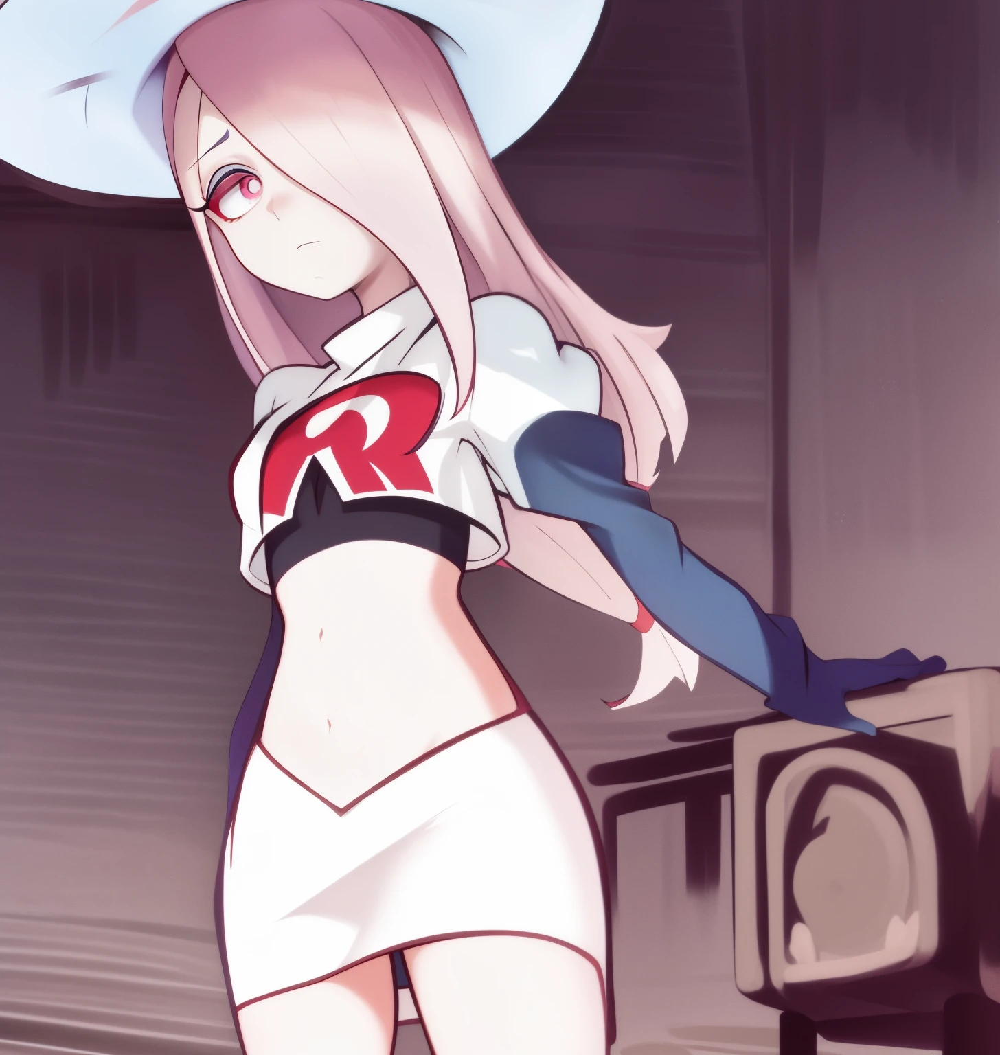 sucy, (sucy manbavaran:1.3), cowboy shot 1girl, (blank expression:1.2), (expressionless:1.2), makeup, hair over one eye, half-closed eyes, long hair, light purple hair, red eyes, pale skin, (standing cowboy shot:1.2), team rocket,team rocket uniform, red letter R, white skirt,white crop top,black thigh-high boots,black elbow gloves,