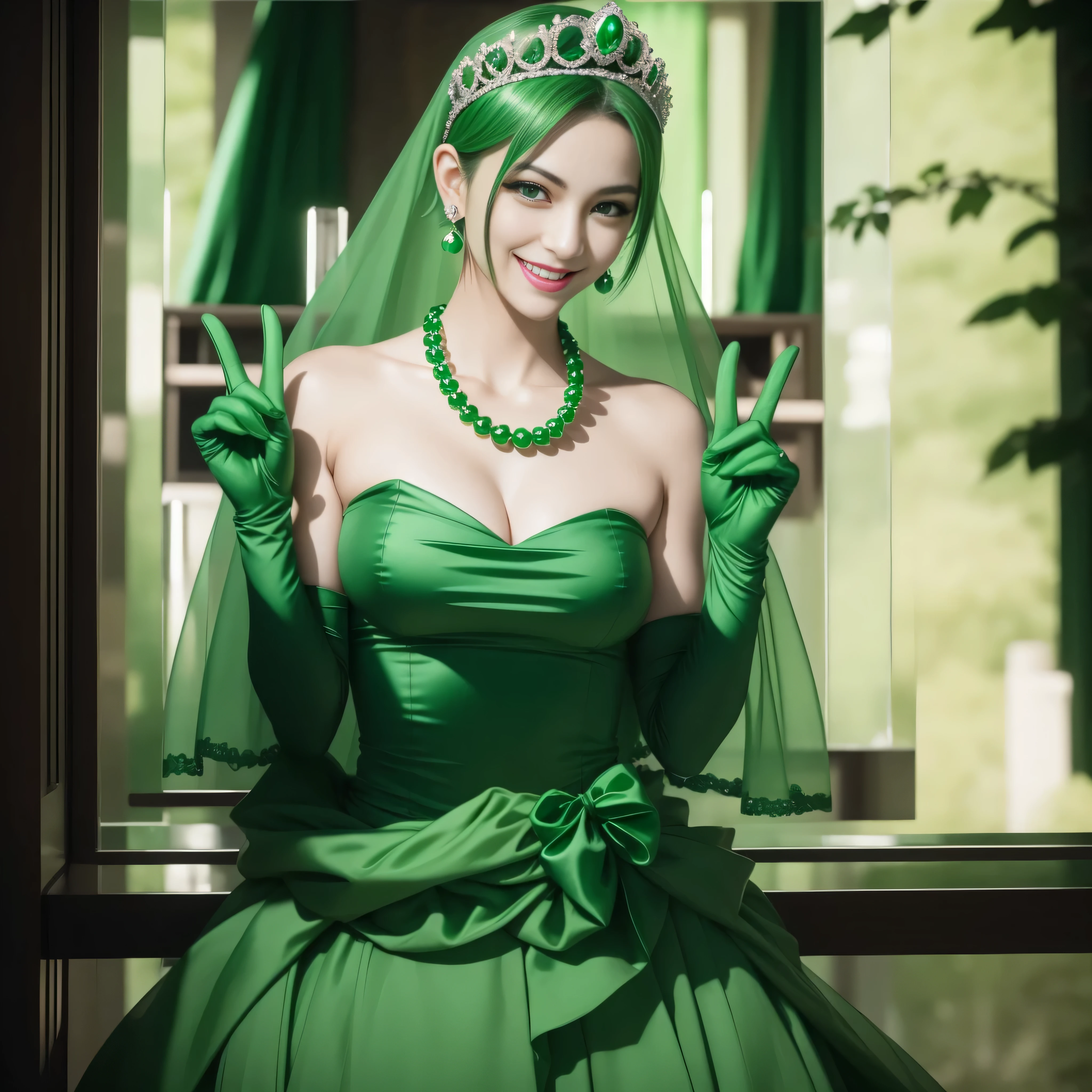 emerald tiara, Green Pearl Necklace, Boyish very short green hair, lipsticks, Japan woman smiling, very short short hair,  beautiful, Green eyes, Long green gloves made of satin material, Green eyes, Emerald Earrings, green vale, v sign