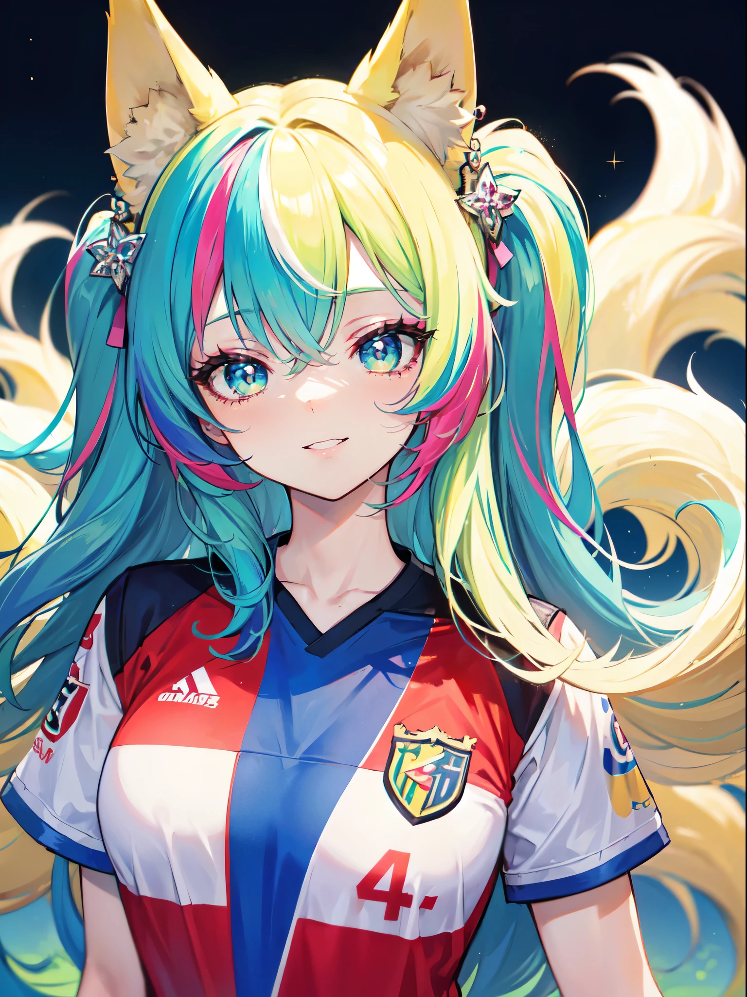 (obra-prima, melhor qualidade: 1.2), anime girl with fox ears, solo, foco feminino, sorriso, olhando para espectador, soccer uniform, campo de futebol, diamante, cabelo multicolorido, olhos multicoloridos