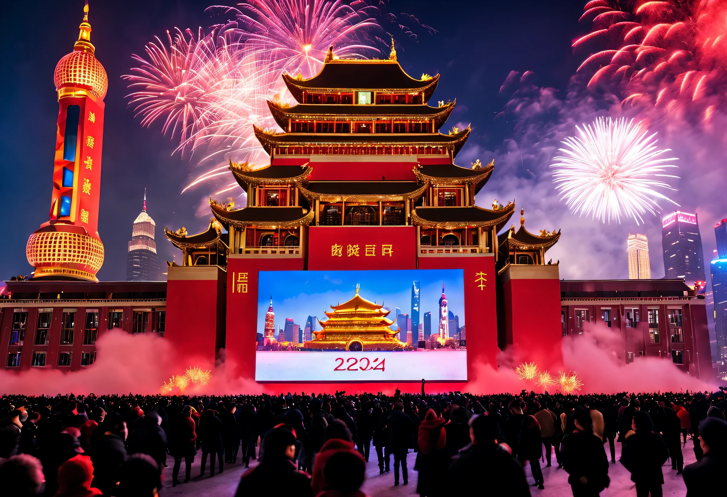 2024 New Year’s Eve celebration scene design, (Red and gold poster design), (Happy New Year with the electronic projection screen of the giant building on the Bund in Shanghai), (Everyone is watching the countdown on the big screen), Chinese dragon fireworks bloom everywhere, Many ribbons and colorful pieces fall in the air, people'wanting,,Heavy snow cover,
Valerio Orgiatti,author:Shigeru Ban,Public places,Ray traching,globalillumination,colored lighting,modern, The content is very detailed, Best quality at best, tmasterpiece, A high resolution, photographyrealism, hyper realisitc, actual, 8K,