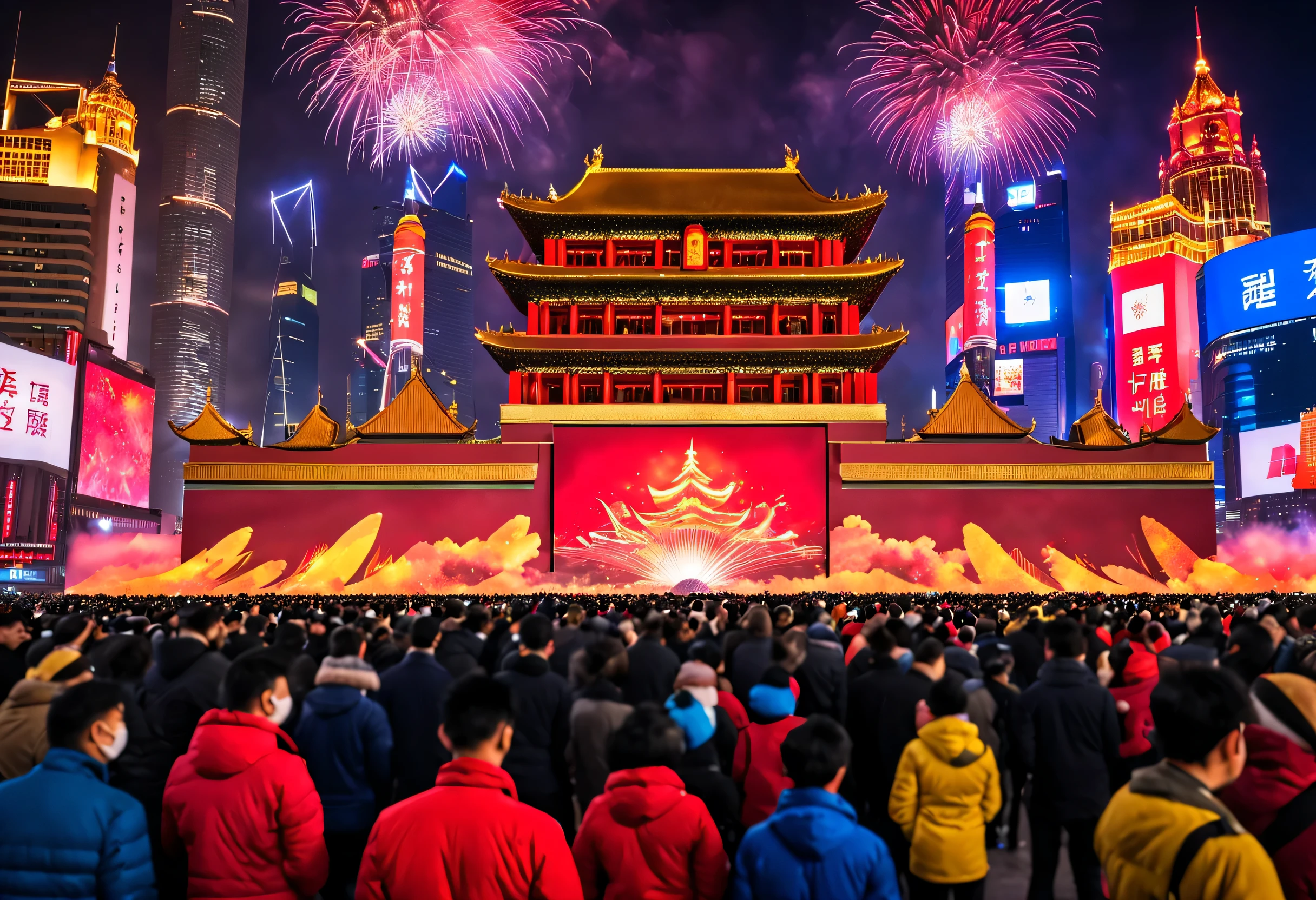 2024 New Year’s Eve celebration scene design, (Red and gold poster design), (Happy New Year with the electronic projection screen of the giant building on the Bund in Shanghai), （Everyone is watching the countdown on the big screen), Chinese dragon fireworks bloom everywhere, Many ribbons and colorful pieces fall in the air, people&#39;wanting,,Heavy snow cover，
Valerio Orgiatti,author：Shigeru Ban,Public places,Ray traching,globalillumination,colored lighting,modern, The content is very detailed, Best quality at best, tmasterpiece, A high resolution, photographyrealism, hyper realisitc, actual, 8K,