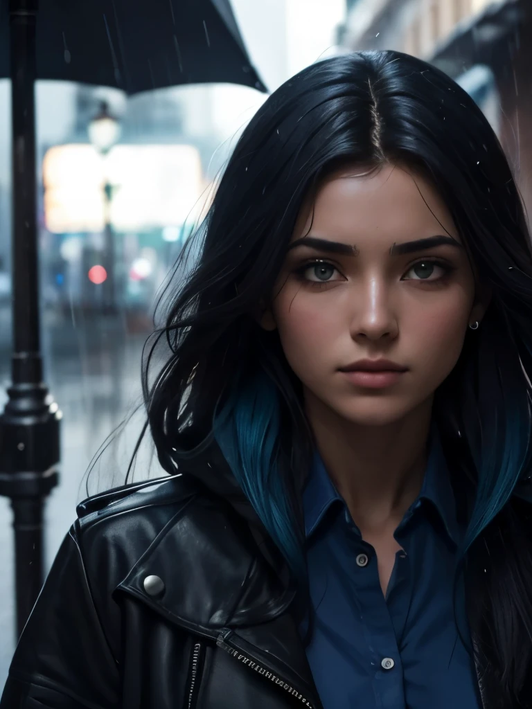 20yo girl, mirando al frente con mirada decidida con sus ojos verde esmeralda, parte de arriba del cuerpo, aspecto rebelde, caminando en ciudad luminosa y silenciosa en mitad de una noche lluviosa, mojasa por la lluvia, ambiente oscuro y opresivo, pelo despeinado por el viento, pelo mojado por la lluvia, pelo recogido en una coleta, pelo tintado totalmente de azul oscuro, flequillo del pelo cayendole sobre el rostro, 8K, HD, camisa ancha, ropa mojada por la lluvia,
