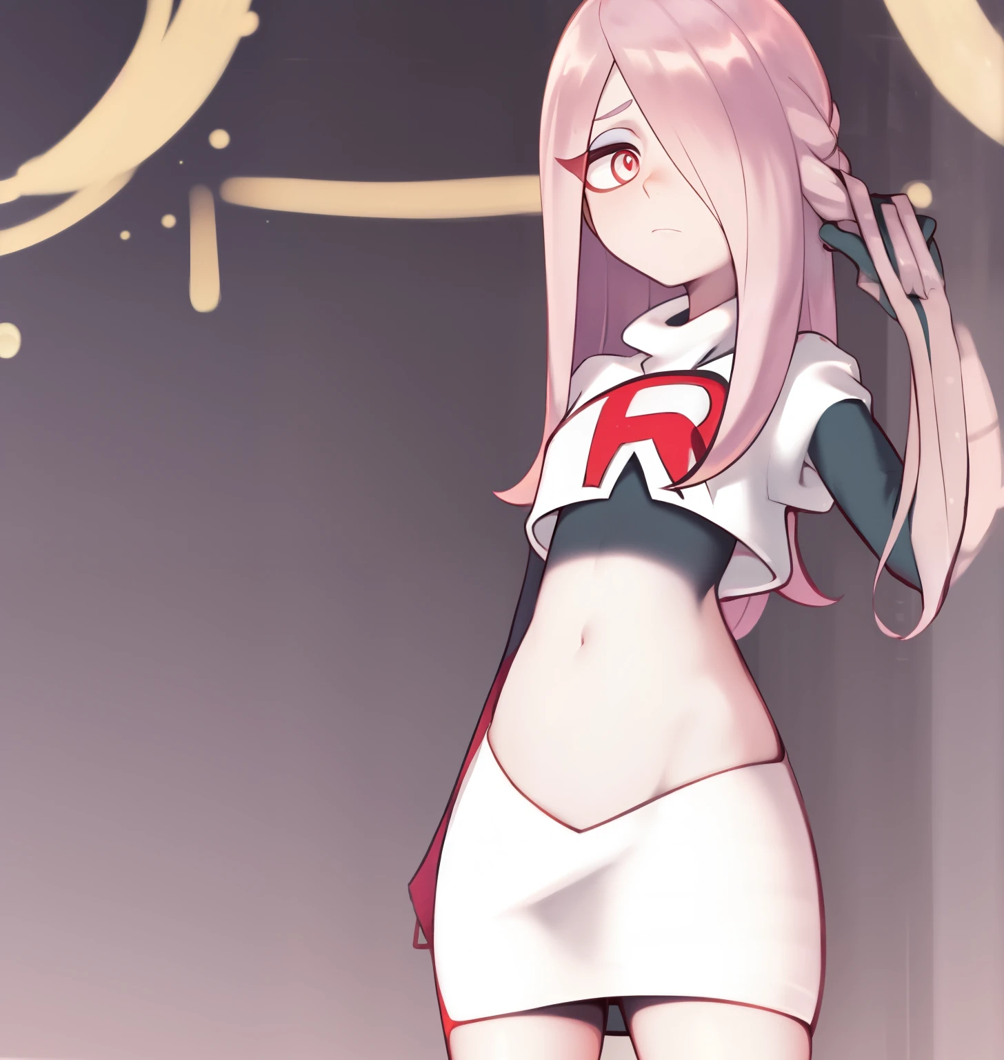 sucy, (sucy manbavaran:1.3), cowboy shot 1girl, (blank expression:1.2), (expressionless:1.2), makeup, hair over one eye, half-closed eyes, long hair, light purple hair, red eyes, pale skin, (standing cowboy shot:1.2), team rocket,team rocket uniform, red letter R, white skirt,white crop top,black thigh-high boots,black elbow gloves,